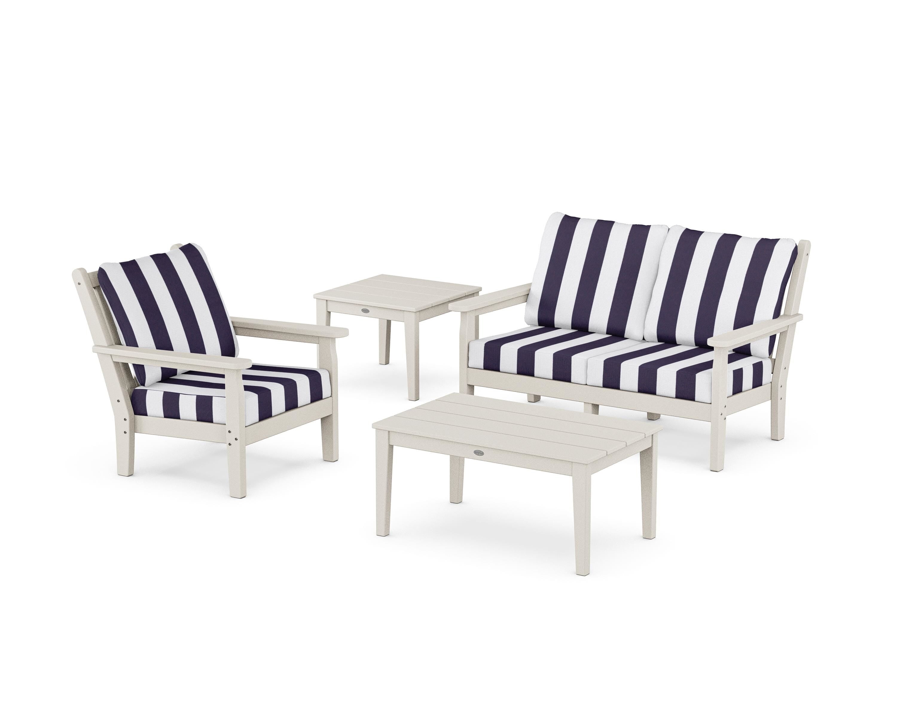 POLYWOOD® Chippendale 4-Piece Deep Seating Set in Sand / Cabana Stripe Navy