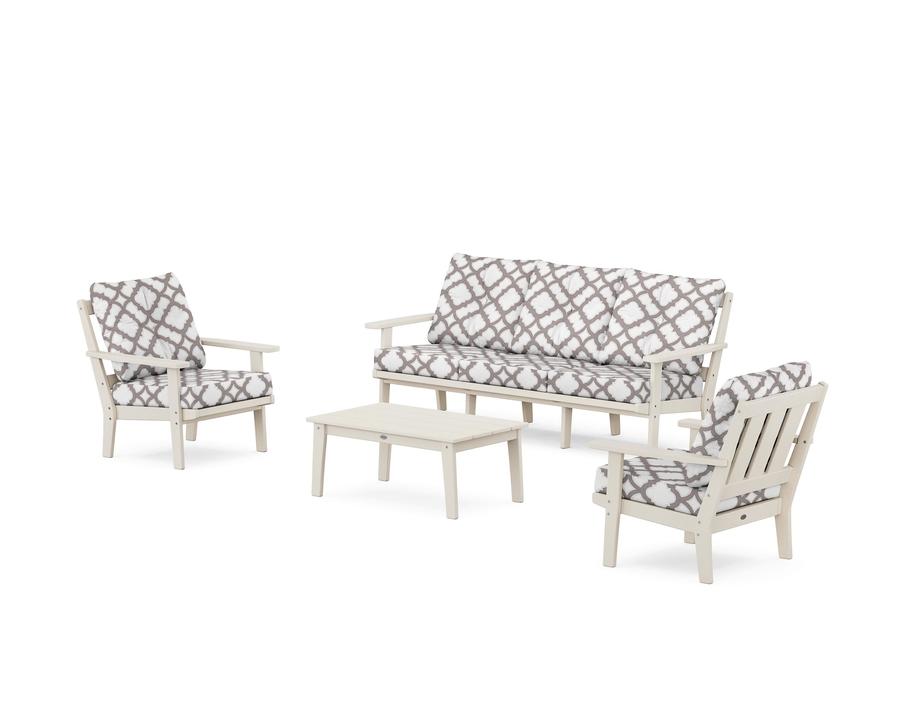 POLYWOOD® Oxford 4-Piece Deep Seating Set with Sofa in Sand / Trellis Grey Mist