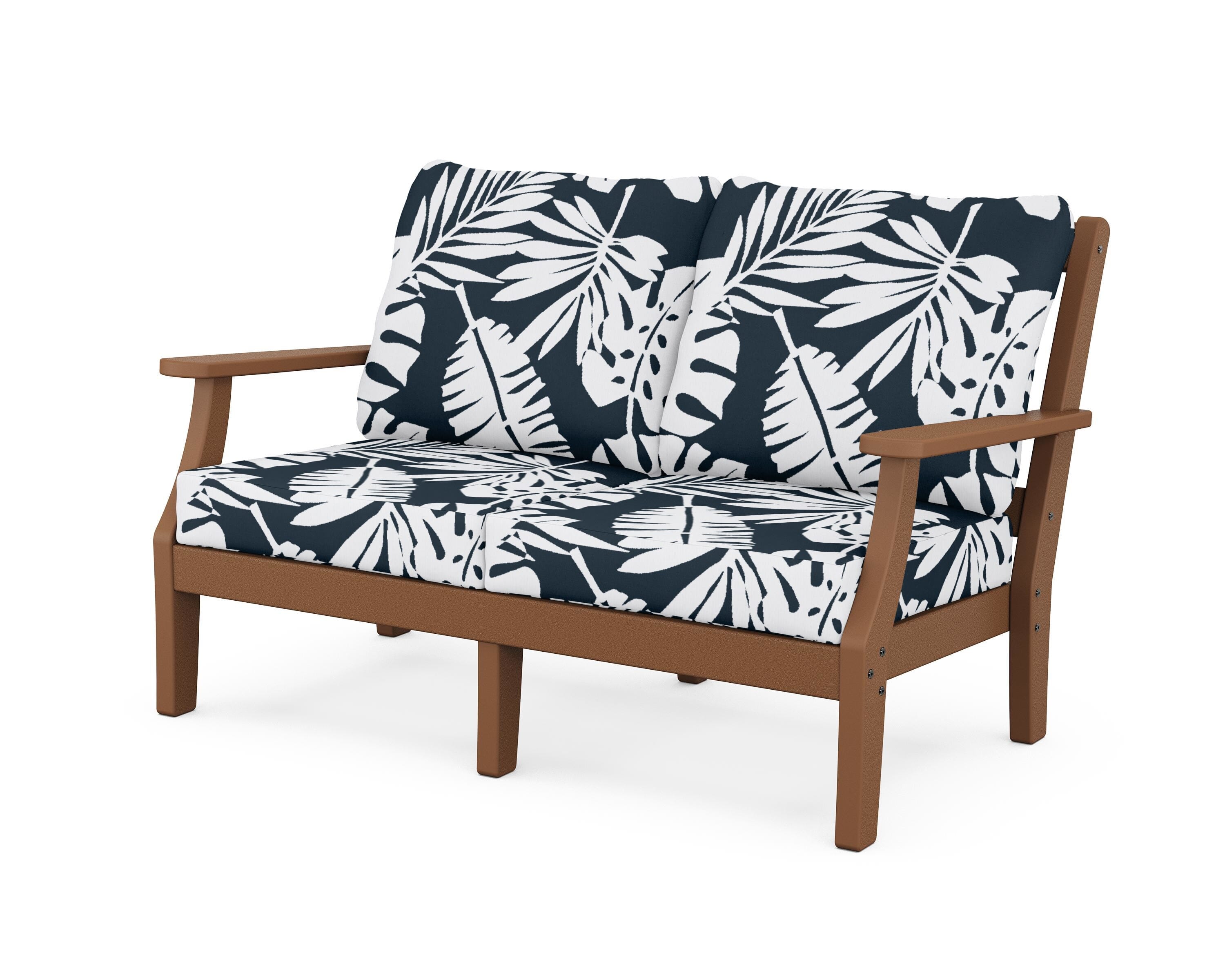 Martha Stewart by POLYWOOD® Chinoiserie Deep Seating Loveseat in Teak / Leaf Marine Indigo