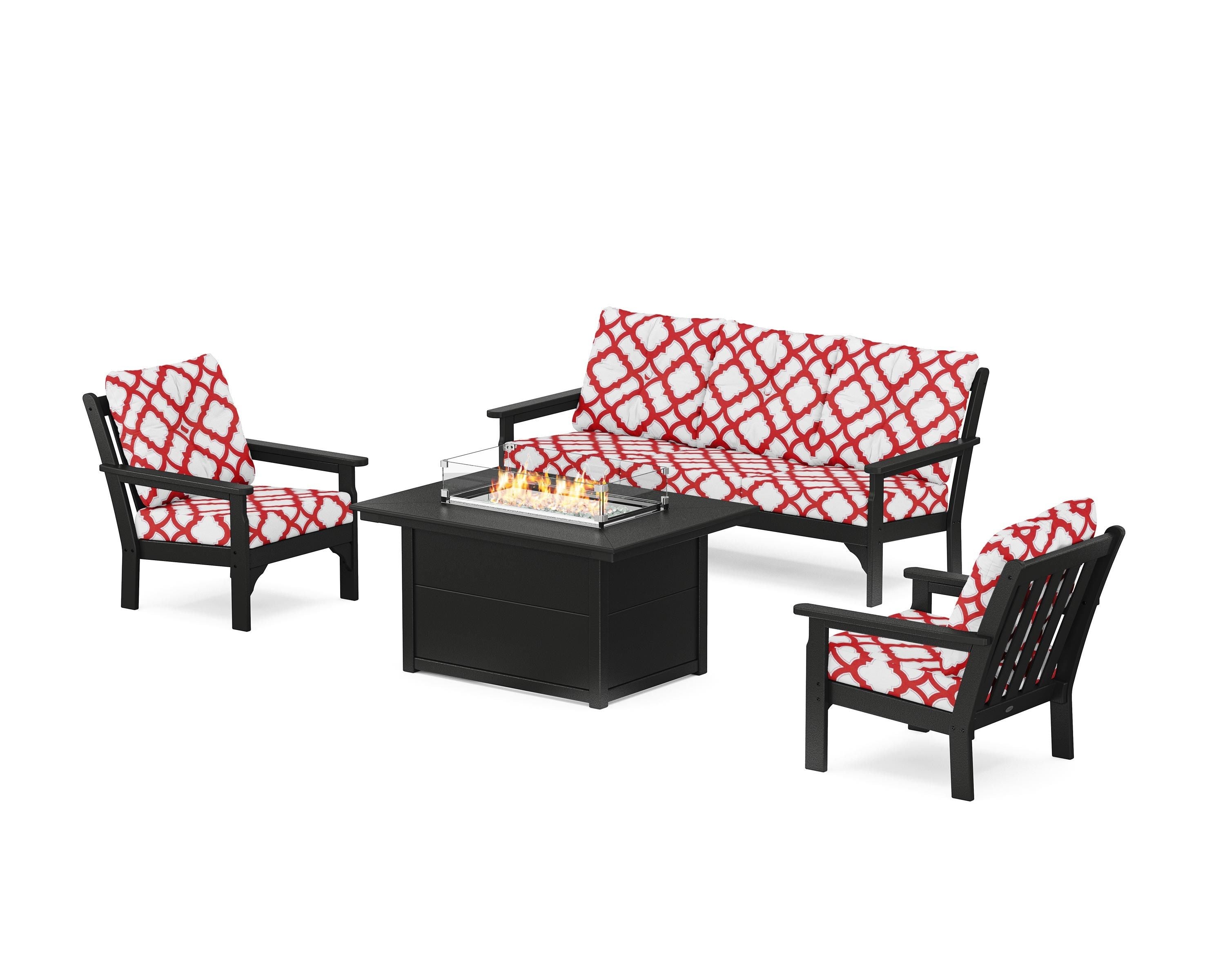 POLYWOOD® Vineyard Deep Seating Fire Pit Table Set in Black / Trellis Crimson
