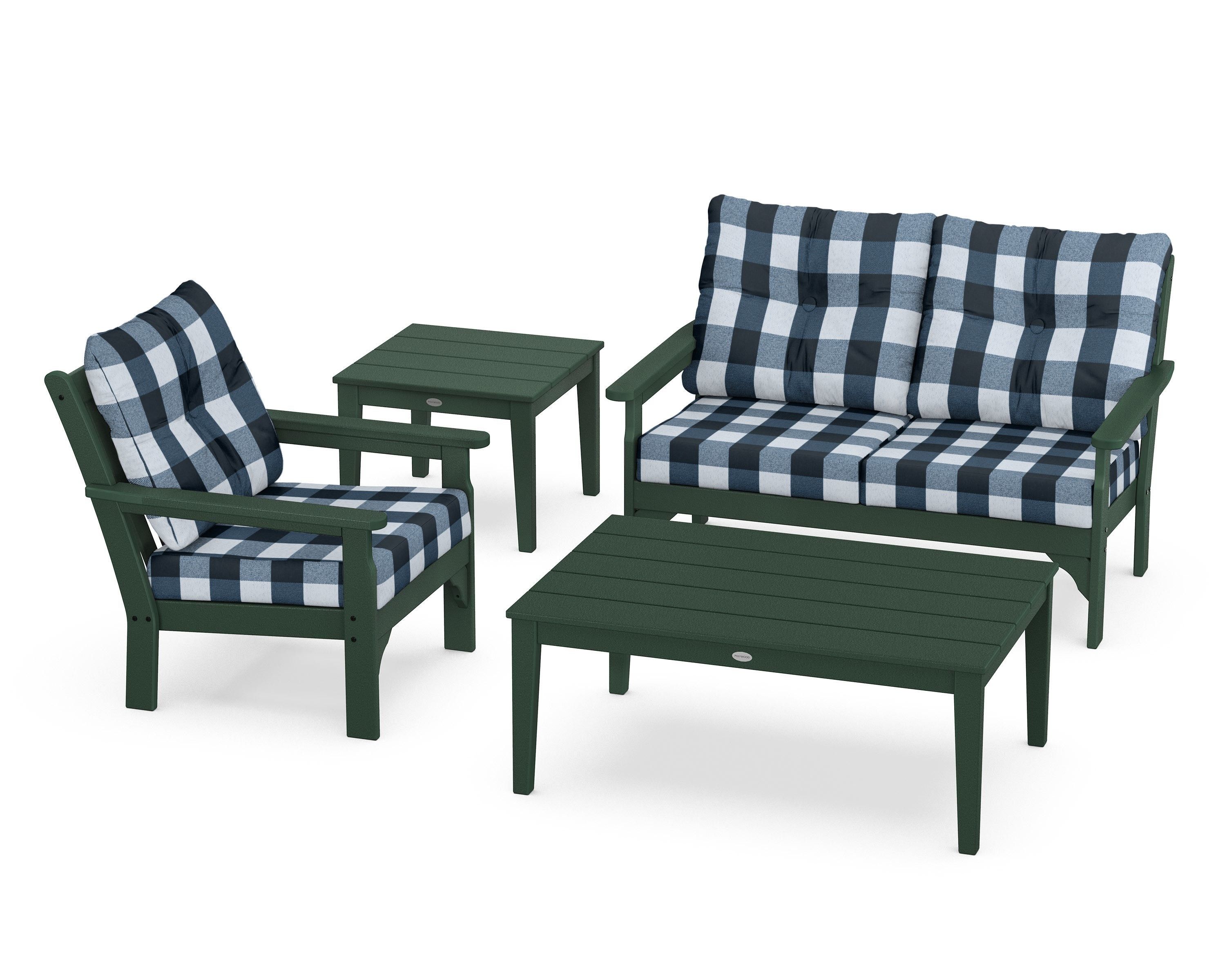 POLYWOOD® Vineyard 4-Piece Deep Seating Set in Green / Buffalo Plaid Marine Indigo