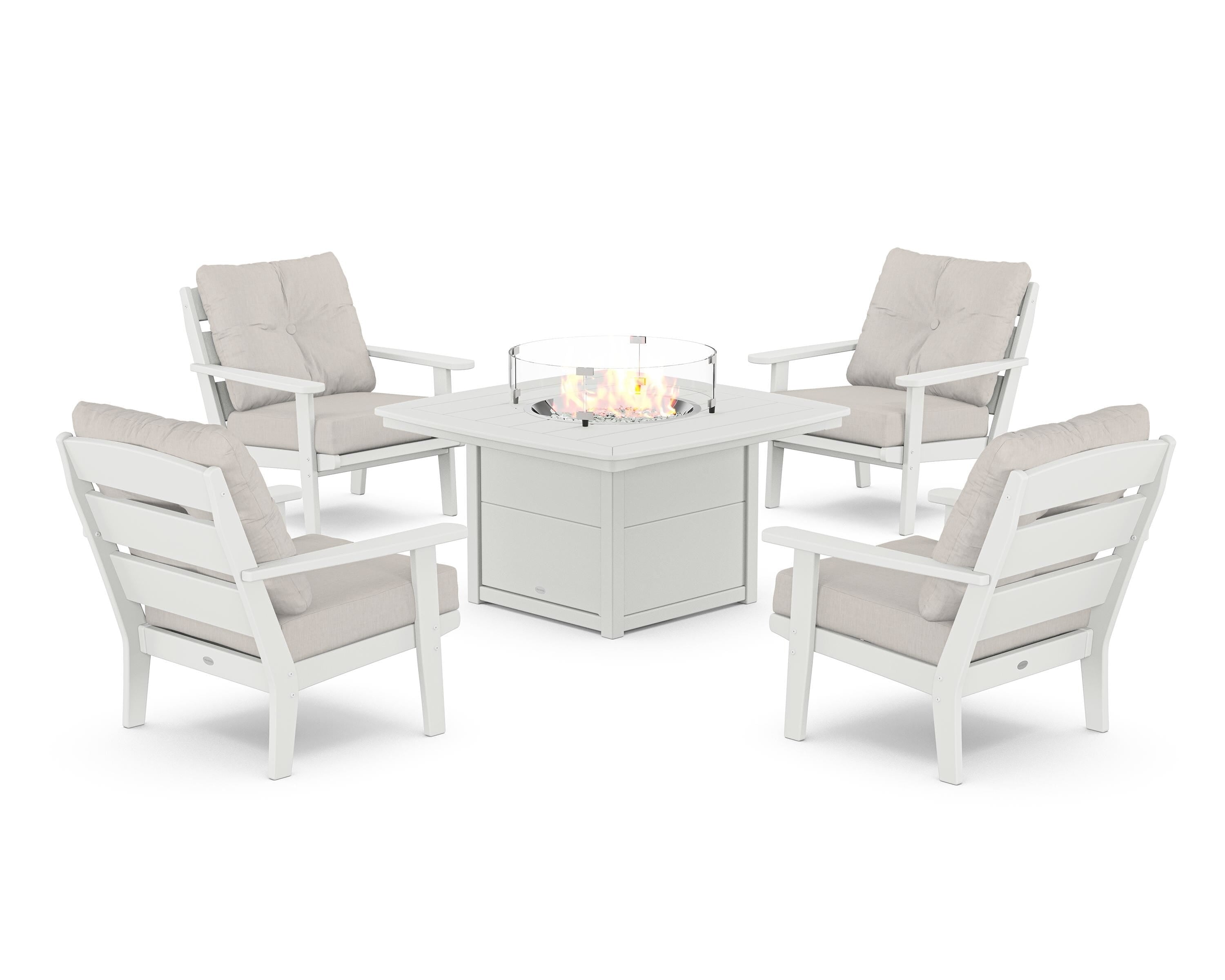 POLYWOOD® Lakeside 5-Piece Deep Seating Set with Nautical Fire Pit Table in White / Cast Ash