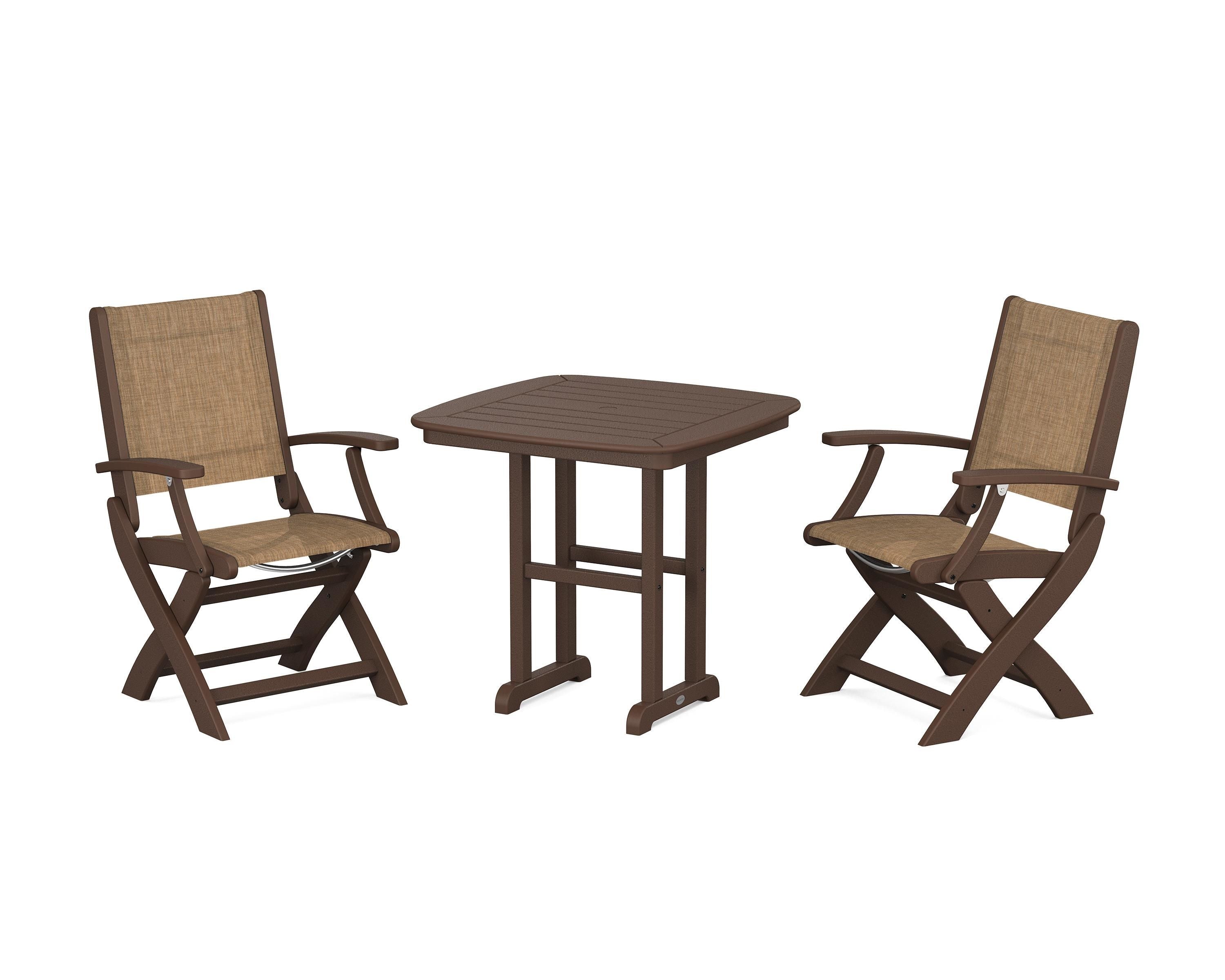 POLYWOOD® Coastal Folding Chair 3-Piece Dining Set in Mahogany / Burlap Sling