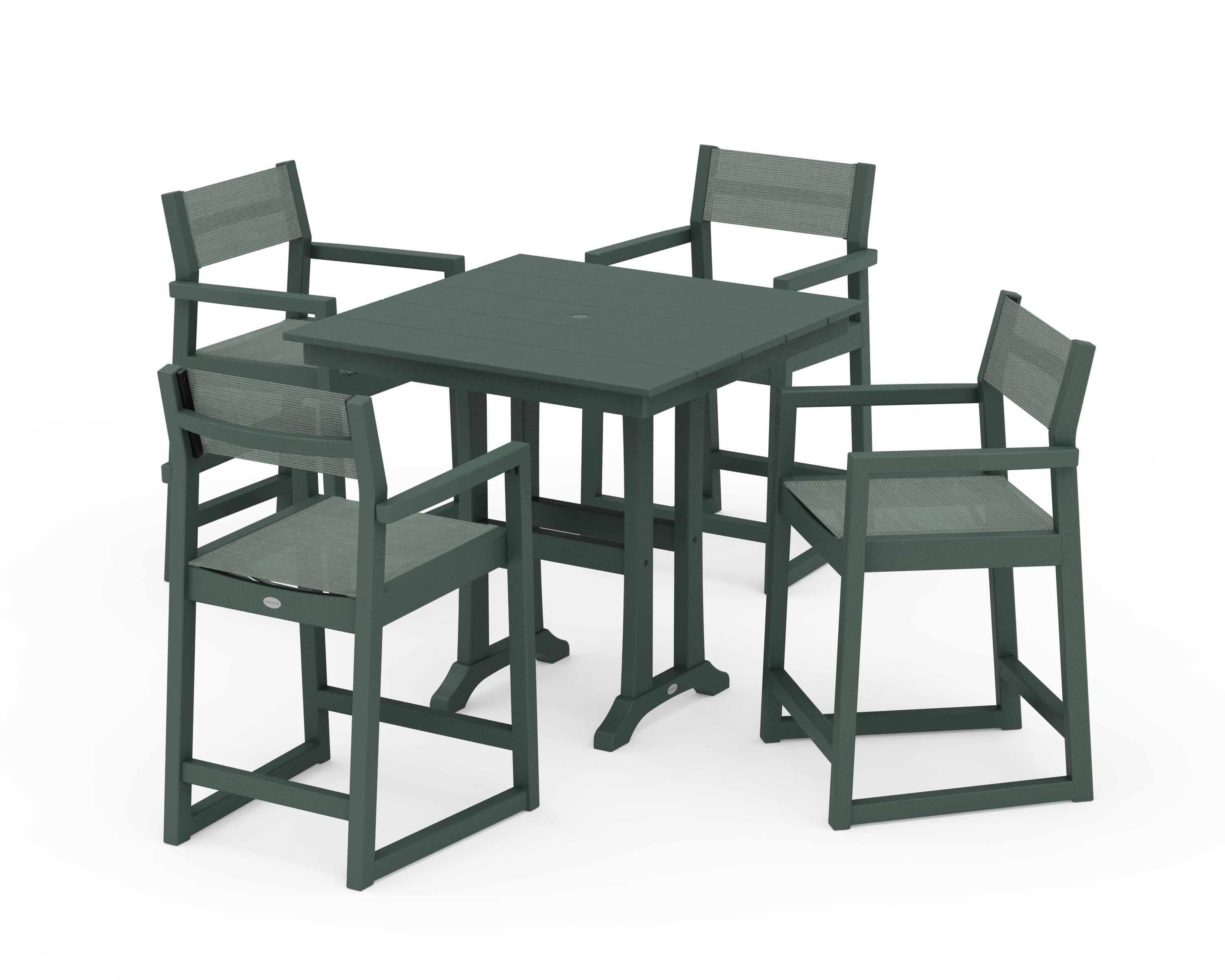 POLYWOOD® EDGE Sling Arm Chair 5-Piece Farmhouse Counter Set with Trestle Legs in Green / Dupioni Sea Mist Sling
