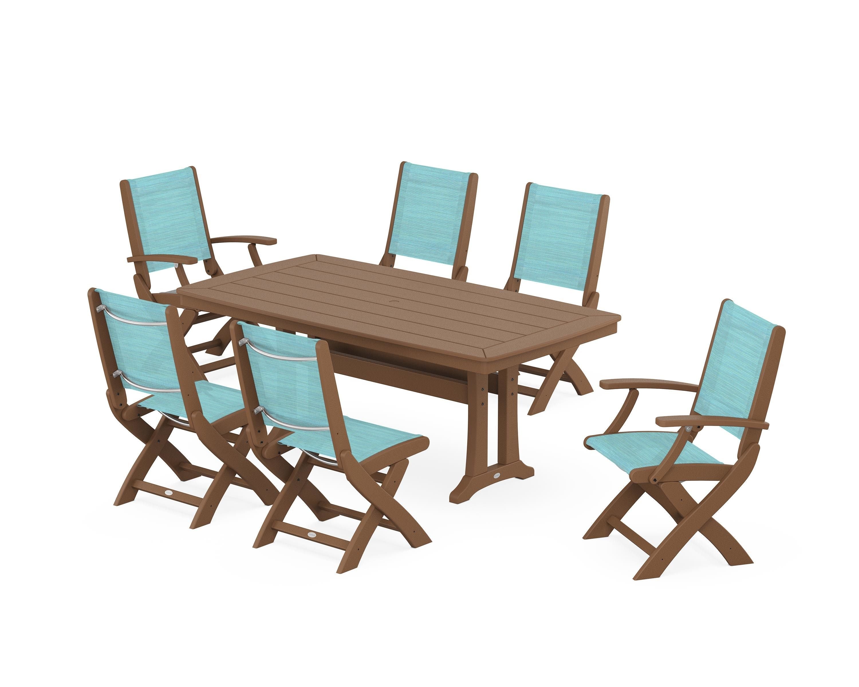 POLYWOOD® Coastal Folding Chair 7-Piece Dining Set with Trestle Legs in Teak / Dupioni Aquamarine Sling