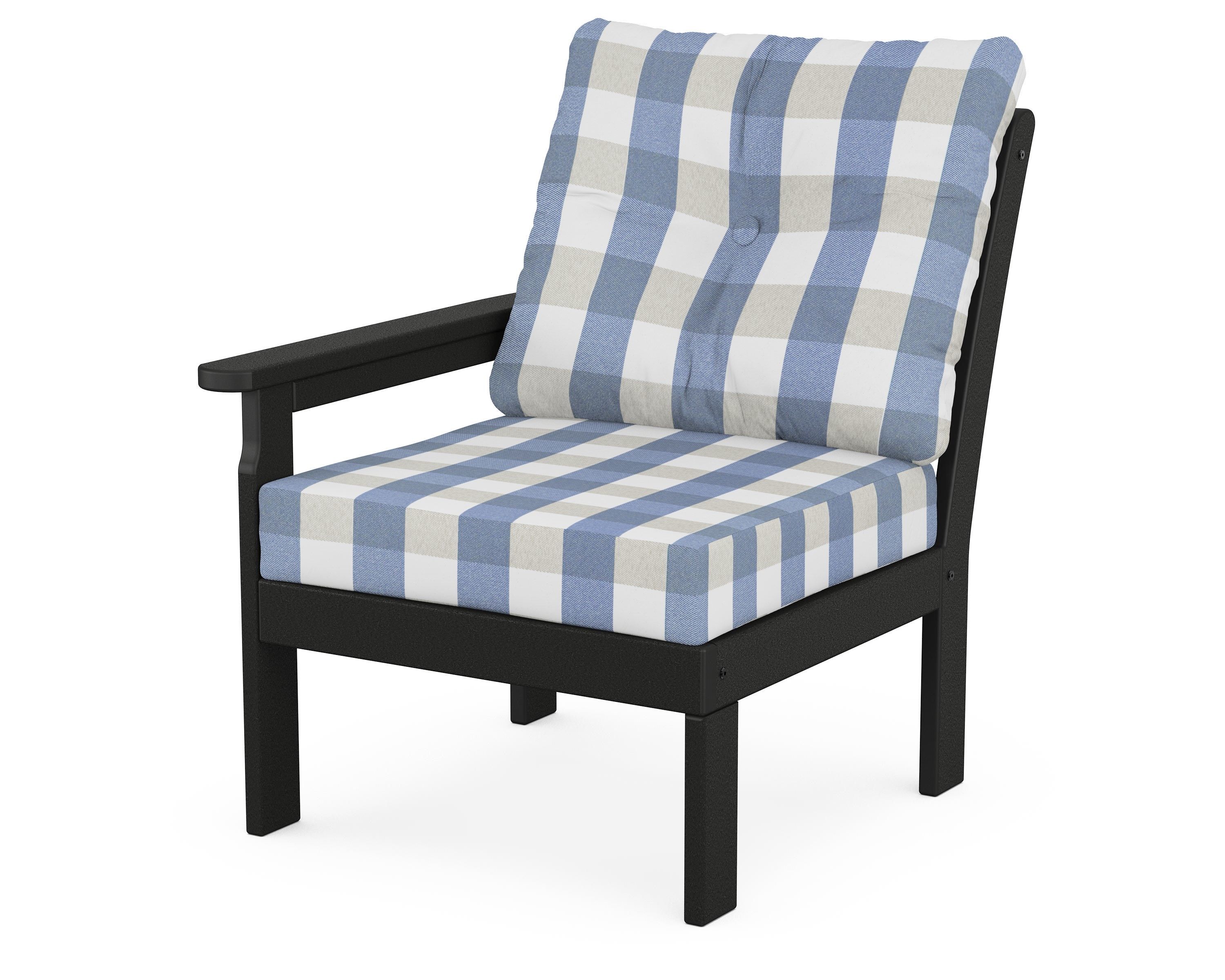 POLYWOOD® Vineyard Modular Left Arm Chair in Black / Buffalo Plaid Sky Blue