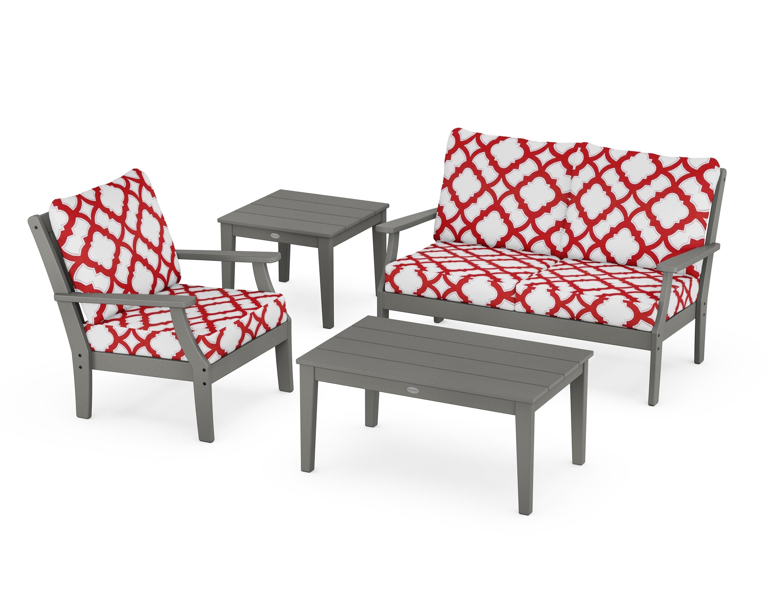 POLYWOOD® Braxton 4-Piece Deep Seating Set in Slate Grey / Trellis Crimson