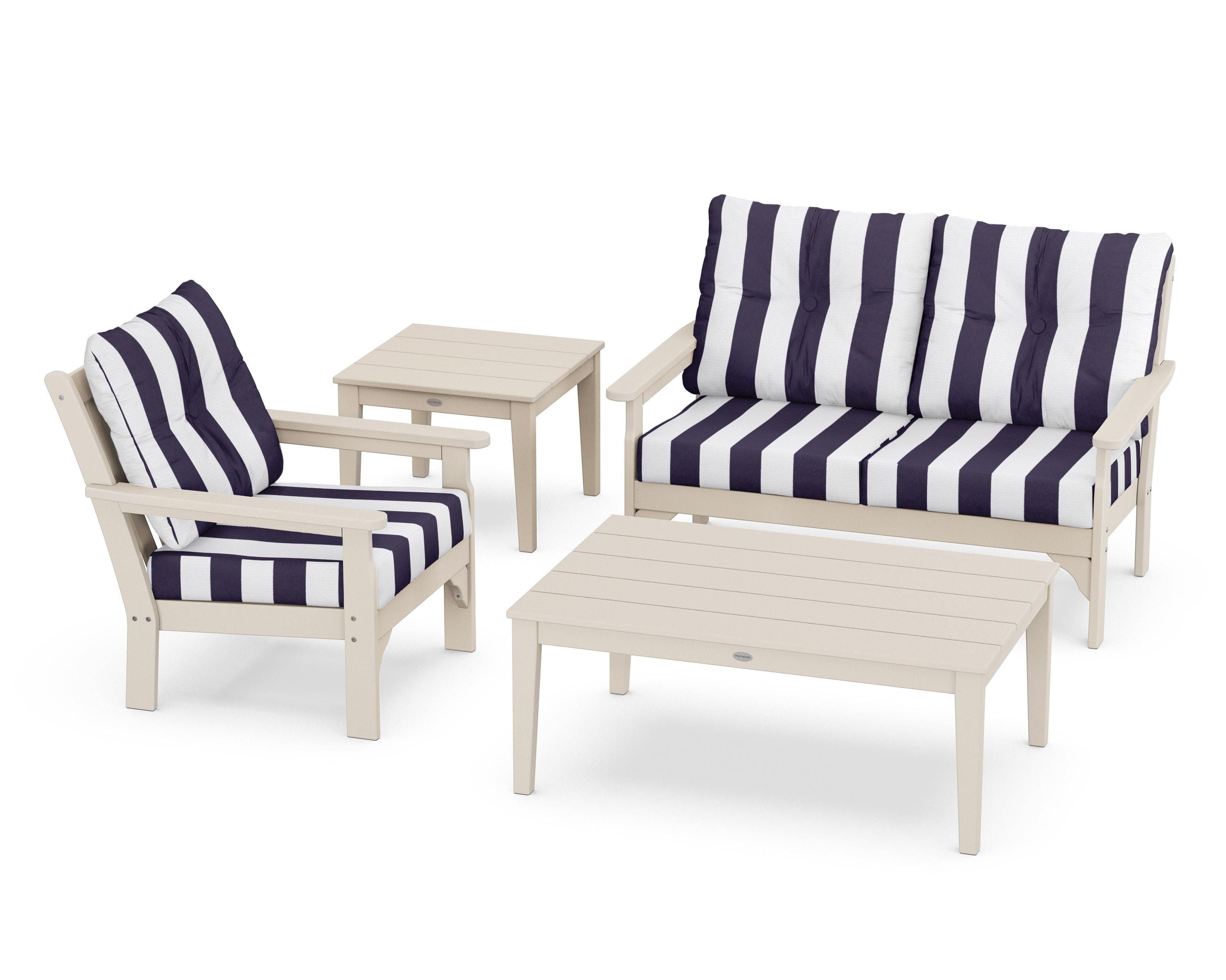 POLYWOOD® Vineyard 4-Piece Deep Seating Set in Sand / Cabana Stripe Navy