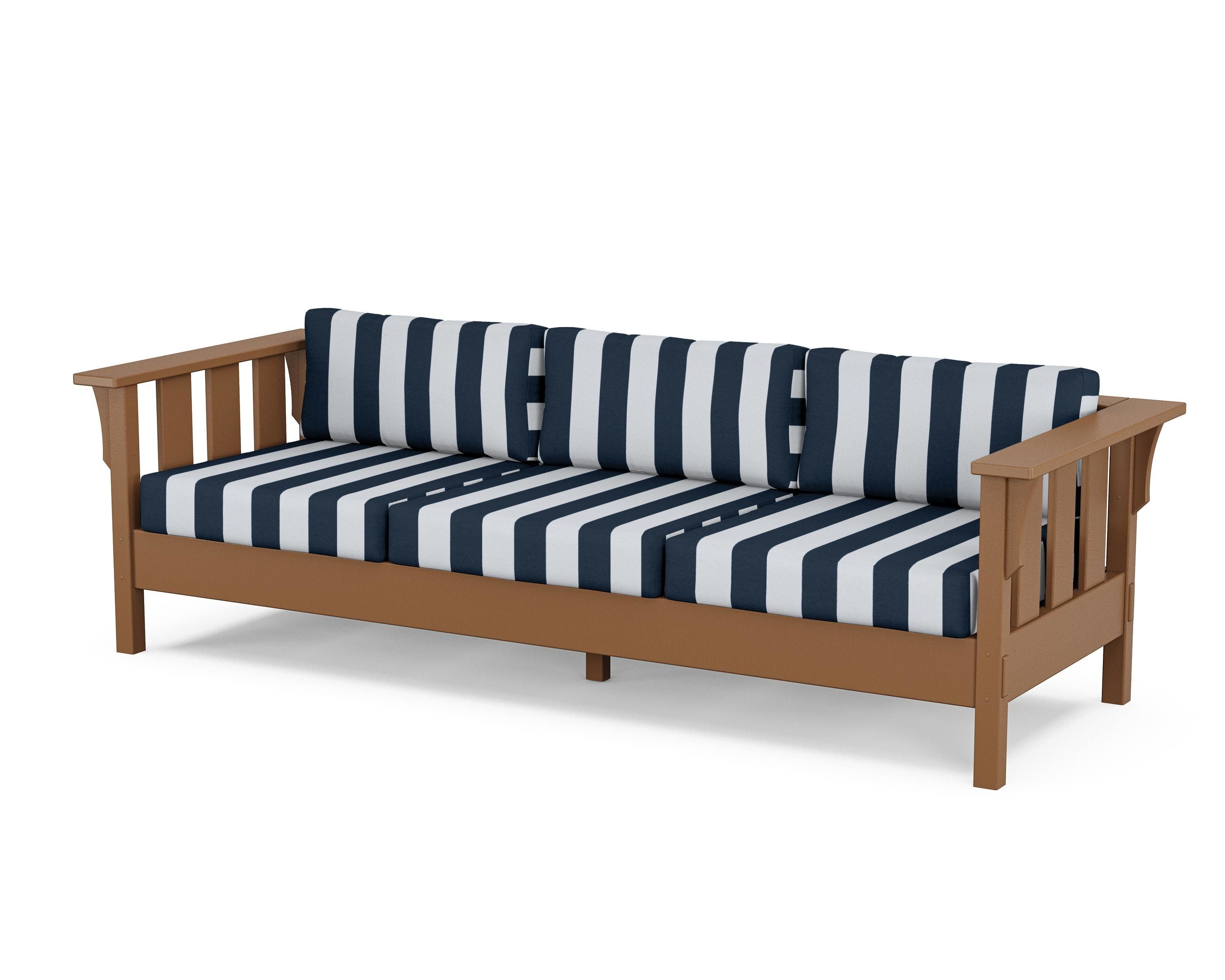 Martha Stewart by POLYWOOD® Acadia Deep Seating Sofa in Teak / Cabana Stripe Marine Indigo