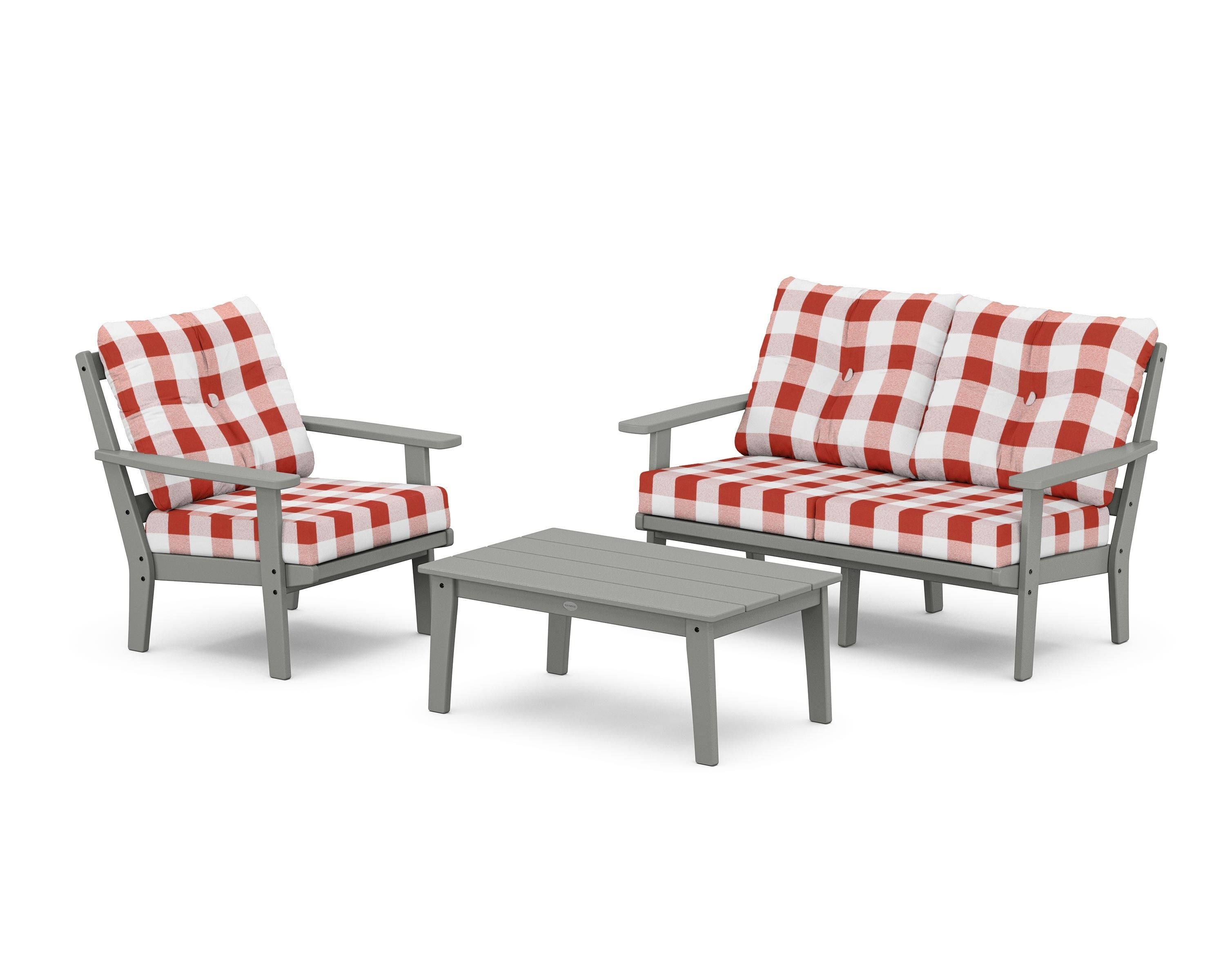 POLYWOOD® Oxford 3-Piece Deep Seating Set with Loveseat in Slate Grey / Buffalo Plaid Crimson