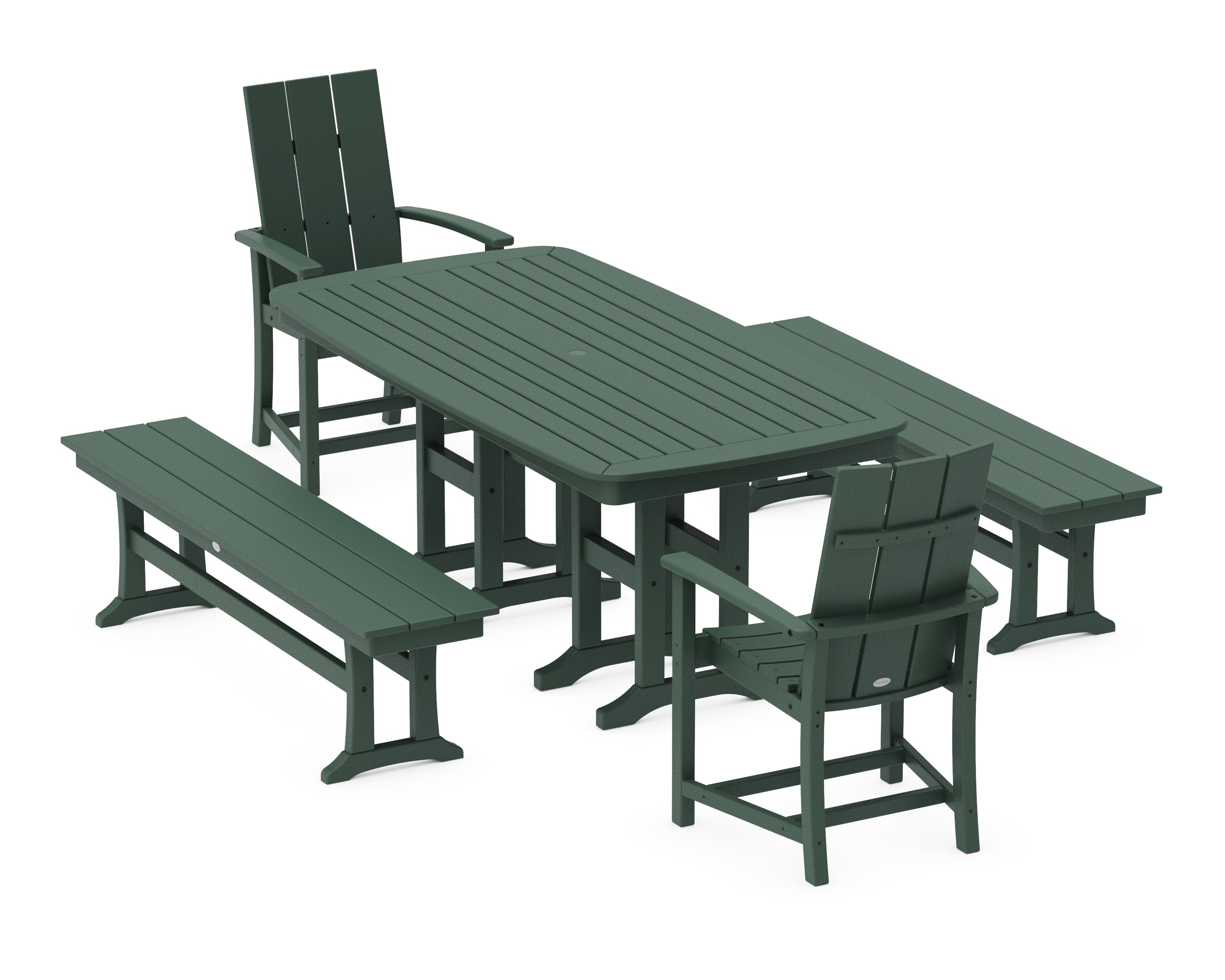 POLYWOOD® Modern Adirondack 5-Piece Farmhouse Dining Set with Benches in Green