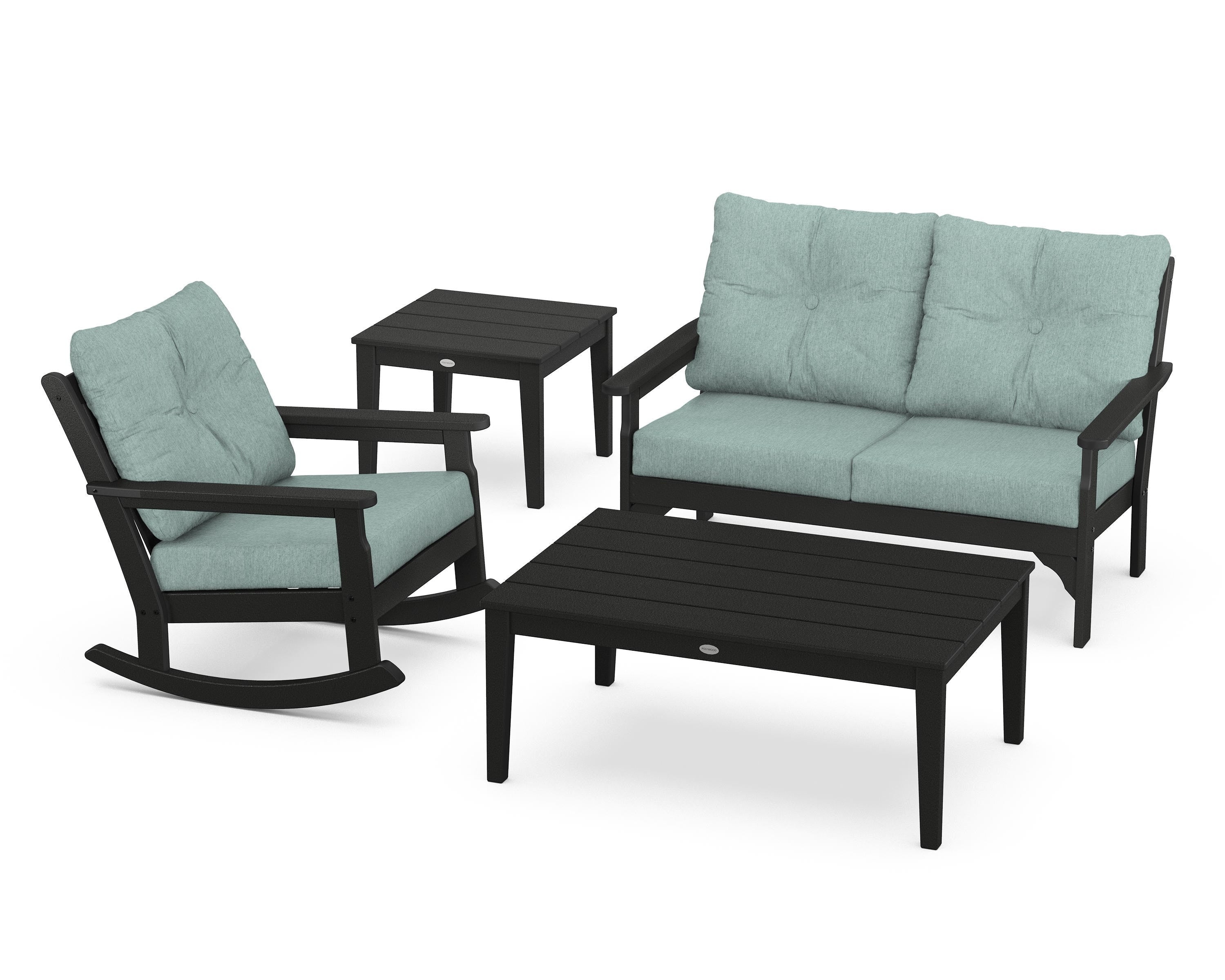 POLYWOOD® Vineyard 4-Piece Deep Seating Rocker Set in Black / Glacier Spa