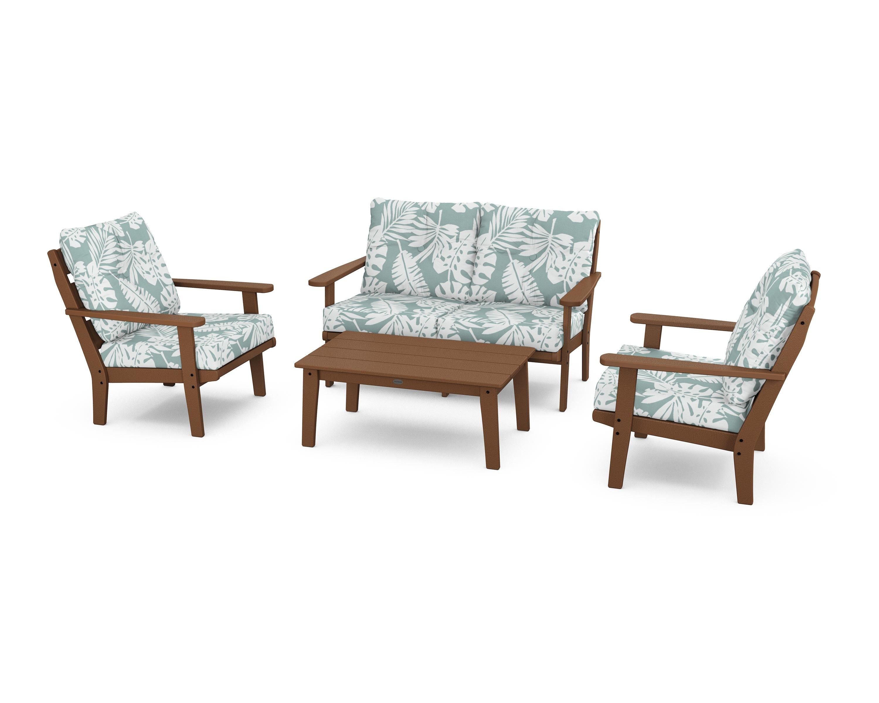 POLYWOOD® Lakeside 4-Piece Deep Seating Set in Teak / Leaf Glacier Spa