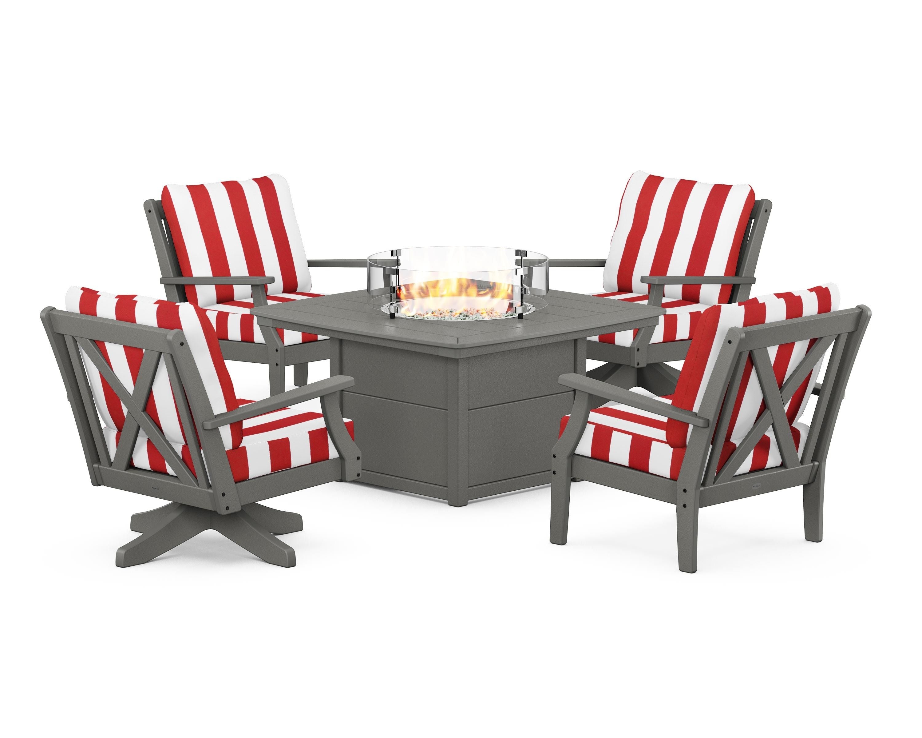 POLYWOOD® Braxton 5-Piece Deep Seating Set with Fire Table in Slate Grey / Cabana Stripe Crimson