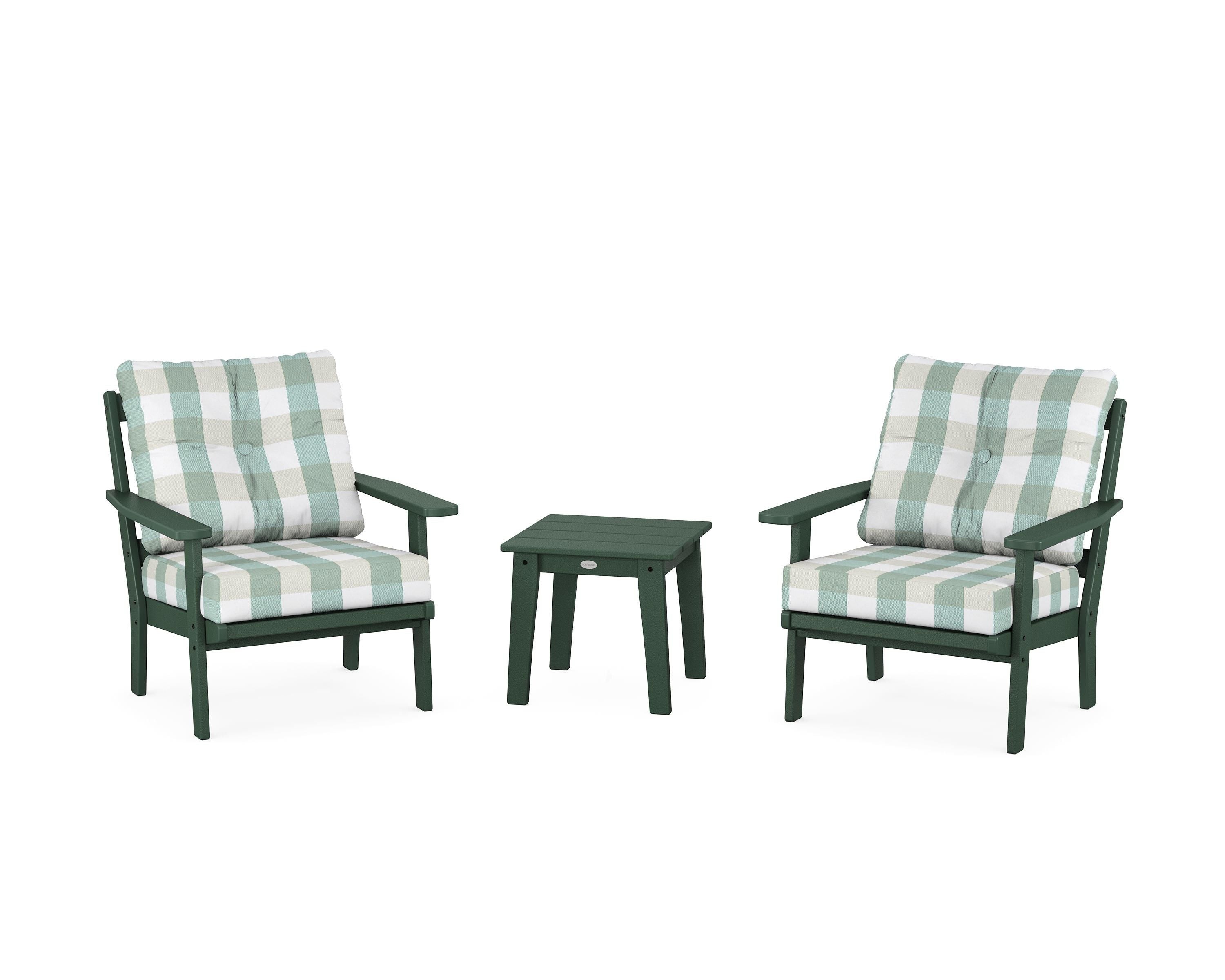 POLYWOOD® Oxford 3-Piece Deep Seating Set in Green / Buffalo Plaid Glacier Spa