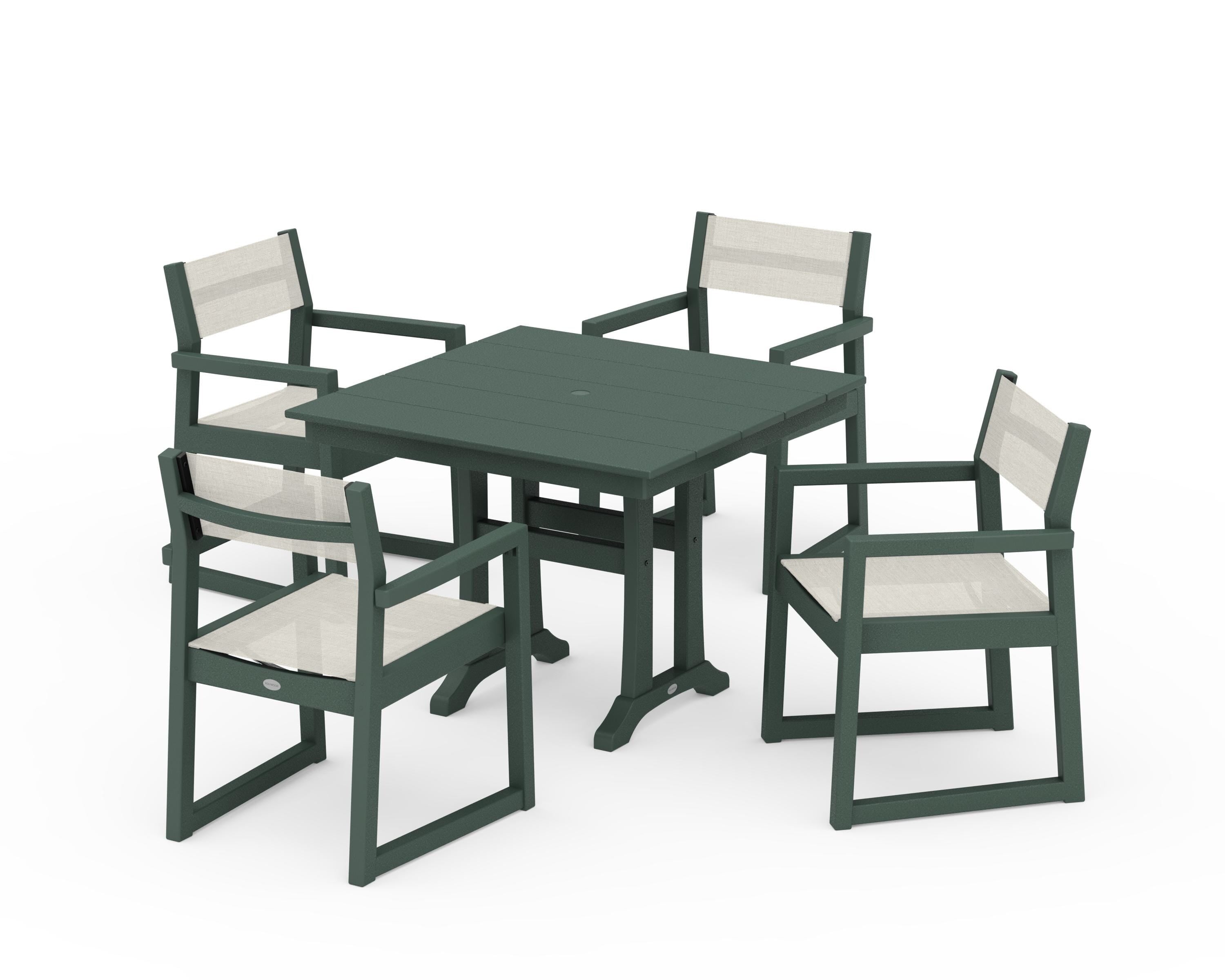 POLYWOOD® EDGE Sling 5-Piece Farmhouse Dining Set with Trestle Legs in Green / Parchment Sling