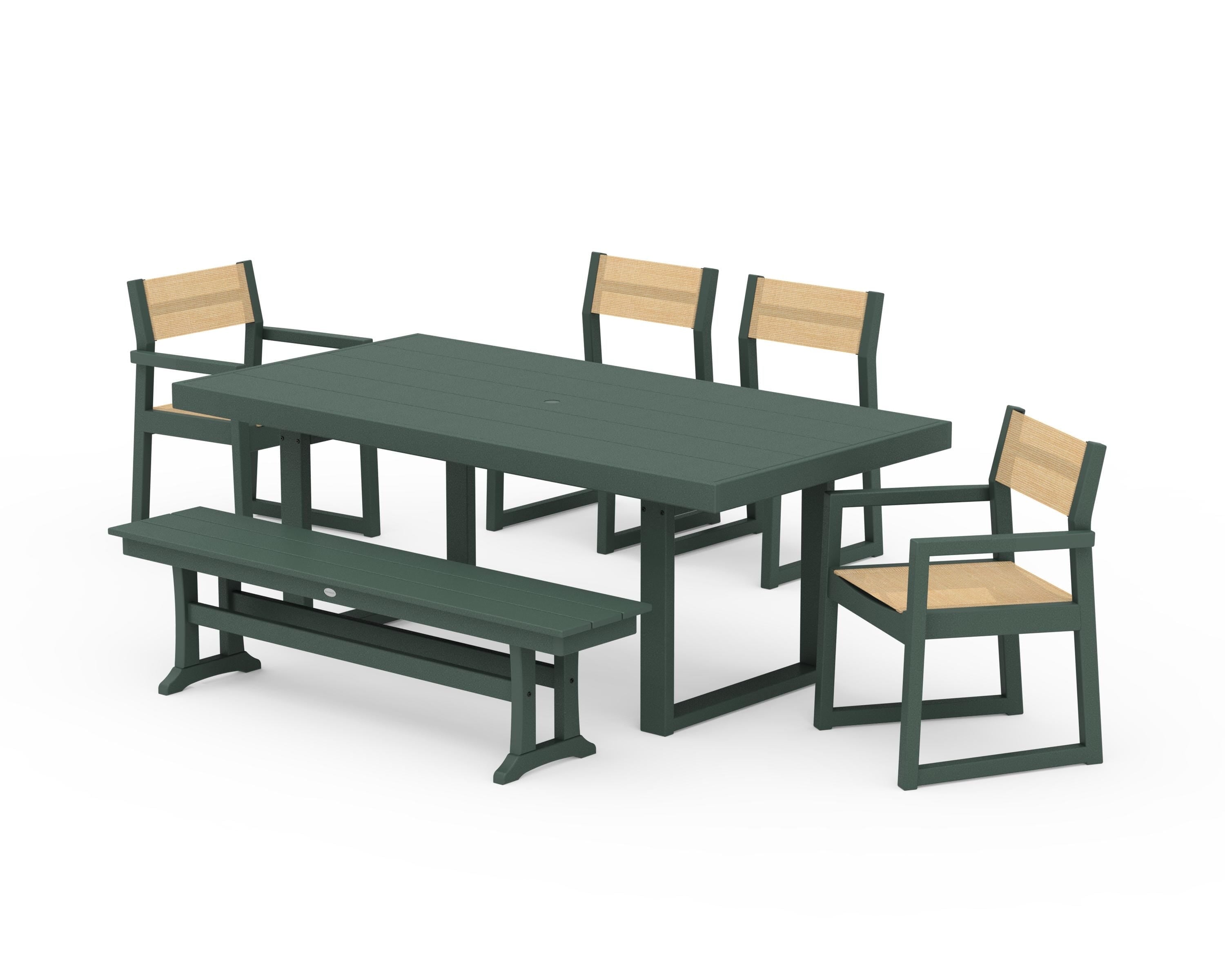 POLYWOOD® EDGE Sling 6-Piece Dining Set with Bench in Green / Dupioni Apricot Sling