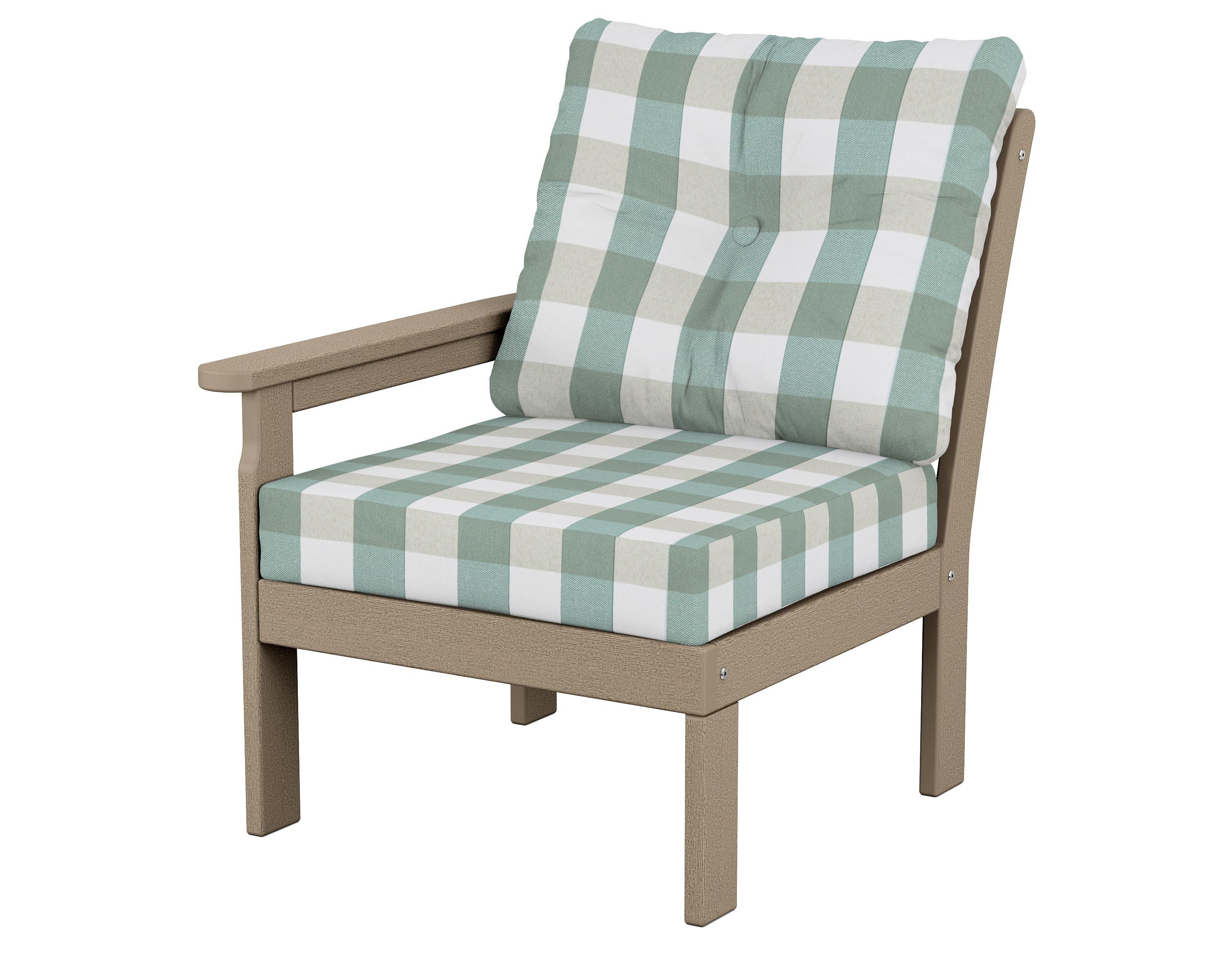 POLYWOOD® Vineyard Modular Left Arm Chair in Vintage Sahara / Buffalo Plaid Glacier Spa