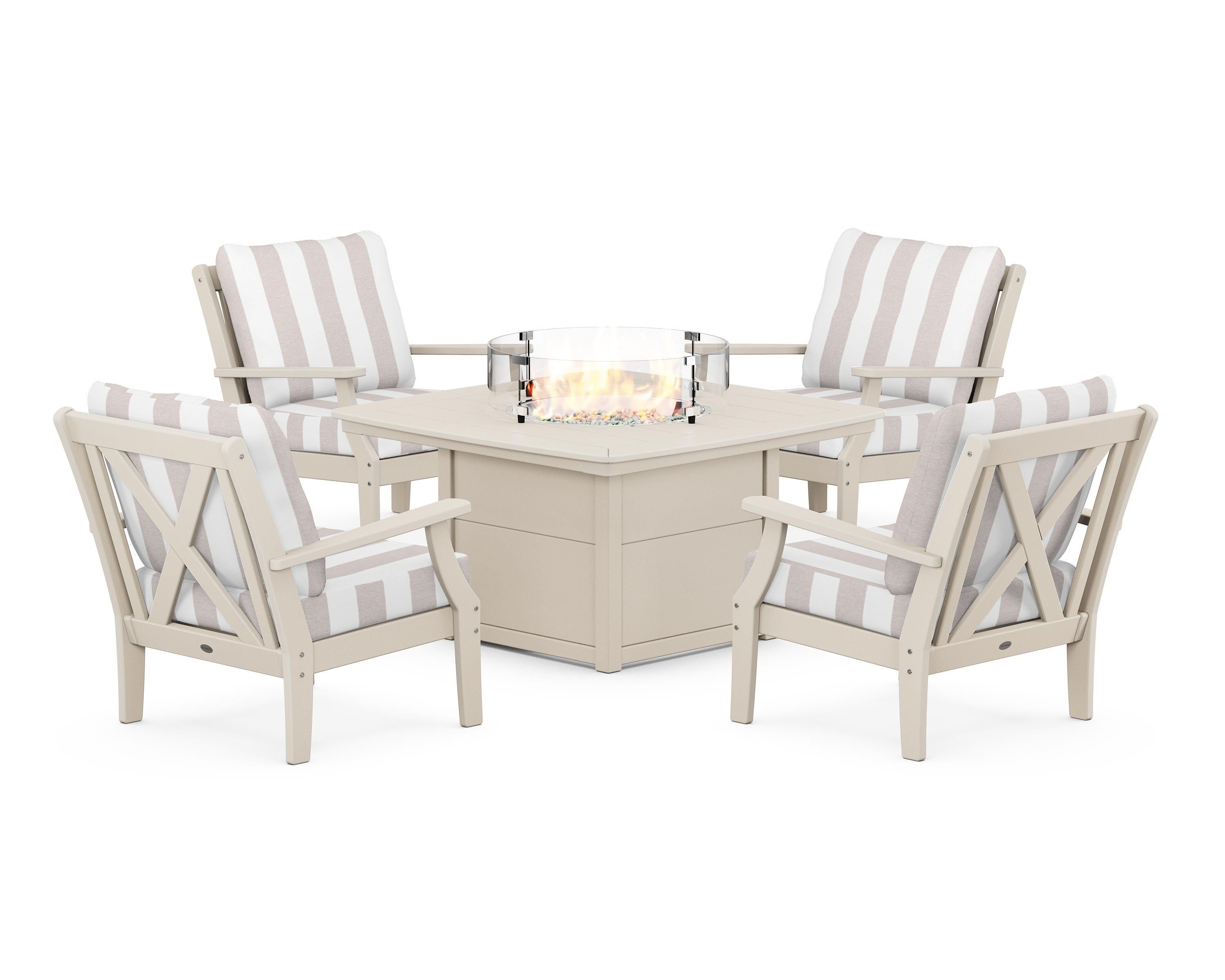 POLYWOOD® Braxton 5-Piece Deep Seating Conversation Set with Fire Pit Table in Sand / Cabana Stripe Dune Burlap