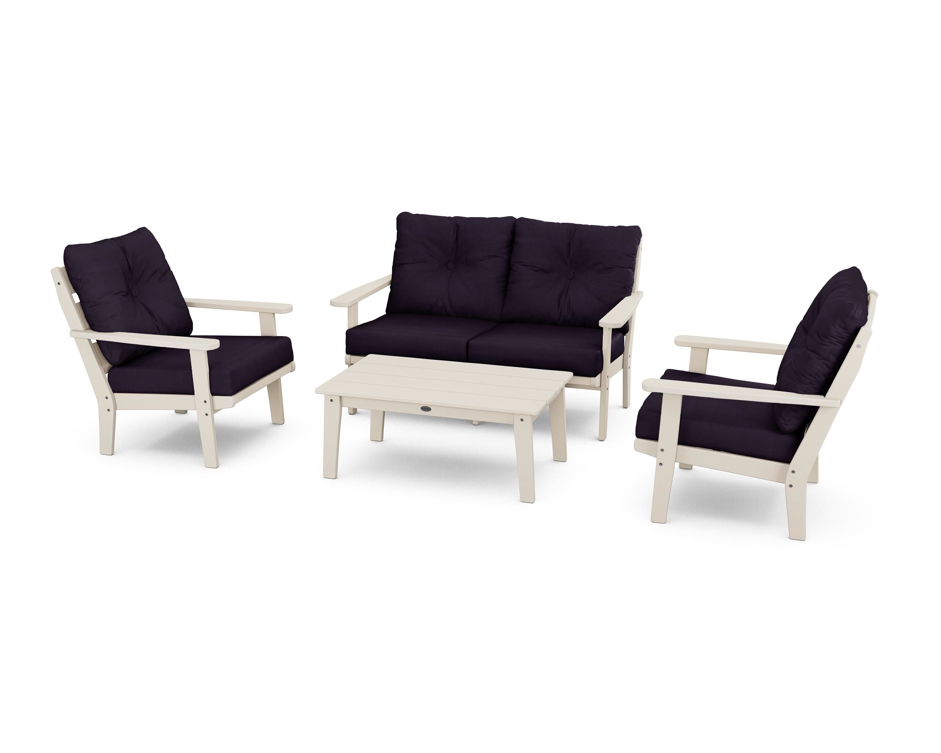POLYWOOD® Lakeside 4-Piece Deep Seating Set in Sand / Navy Linen