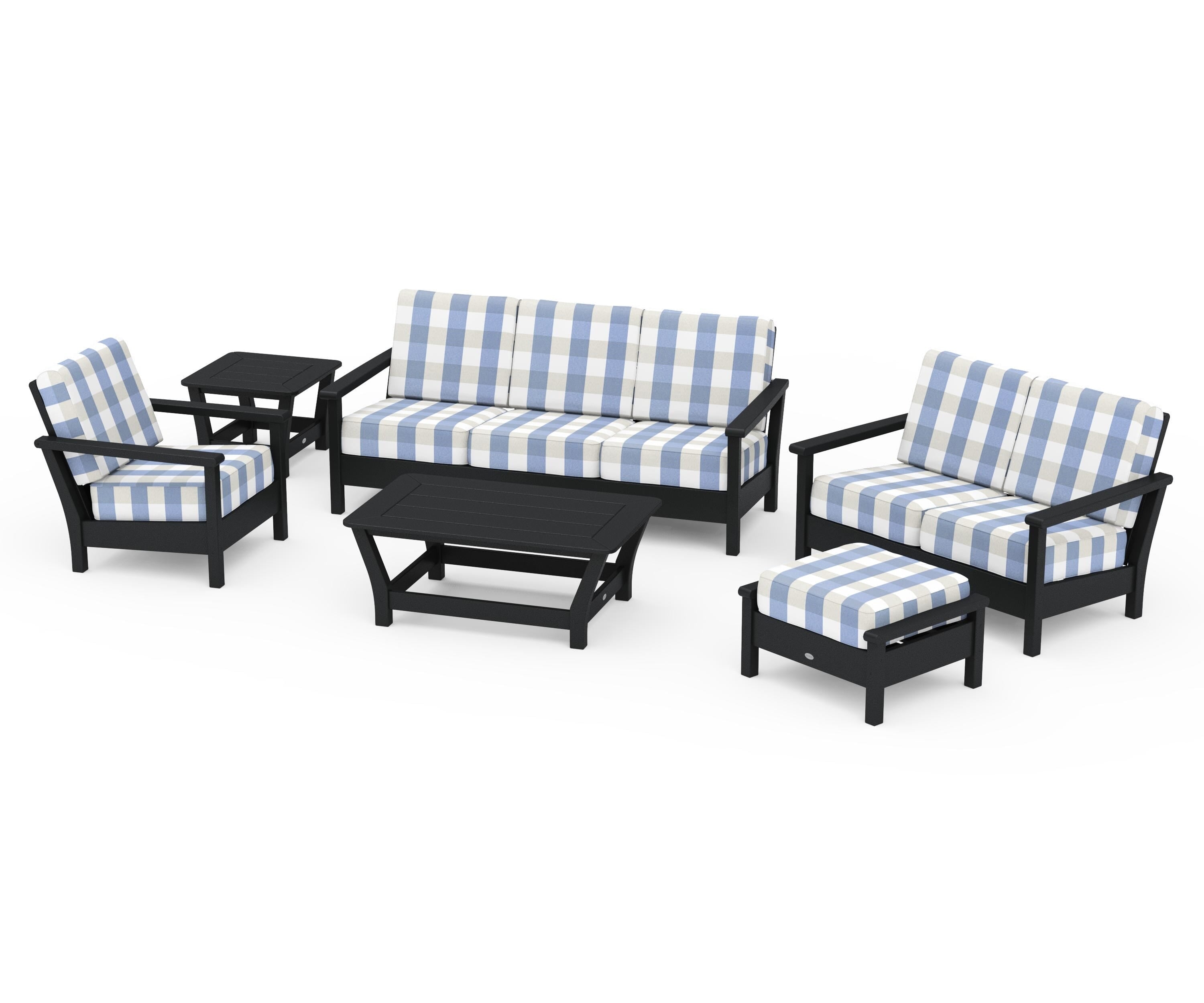 POLYWOOD® Harbour 6-Piece Outdoor Living Set in Black / Buffalo Plaid Sky Blue