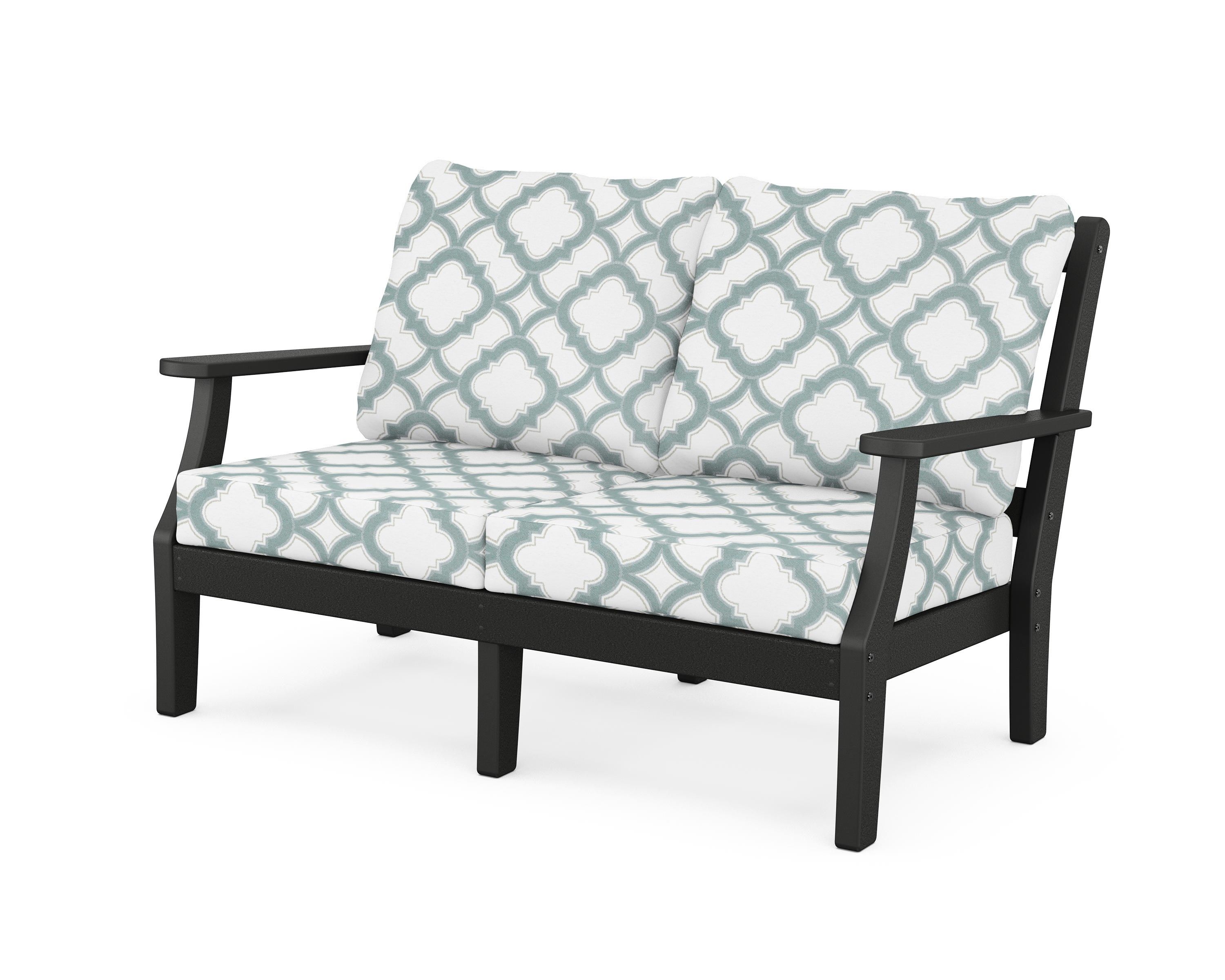 Martha Stewart by POLYWOOD® Chinoiserie Deep Seating Loveseat in Black / Trellis Glacier Spa