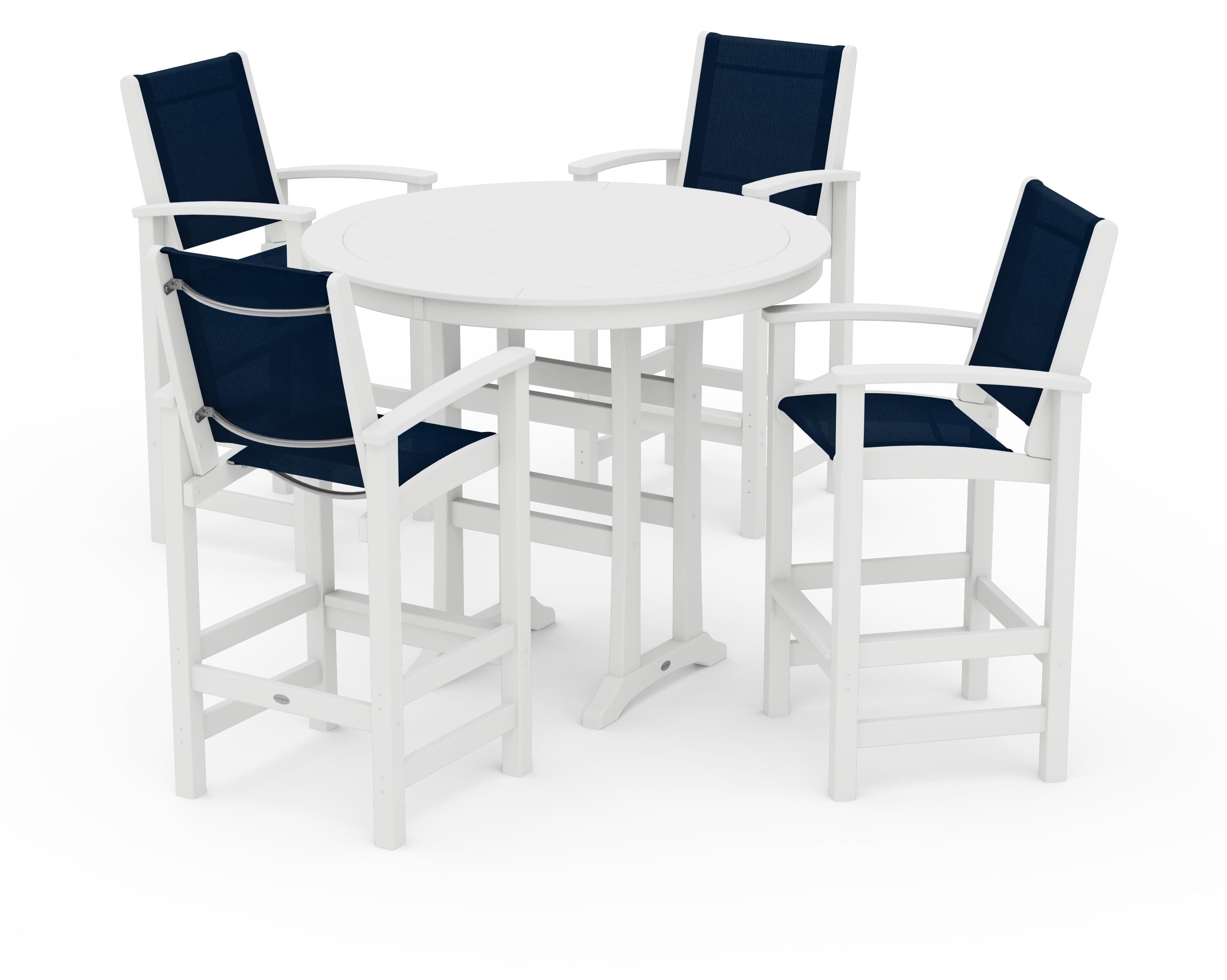 POLYWOOD® Coastal 5-Piece Nautical Trestle Bar Set in White / Navy Blue Sling