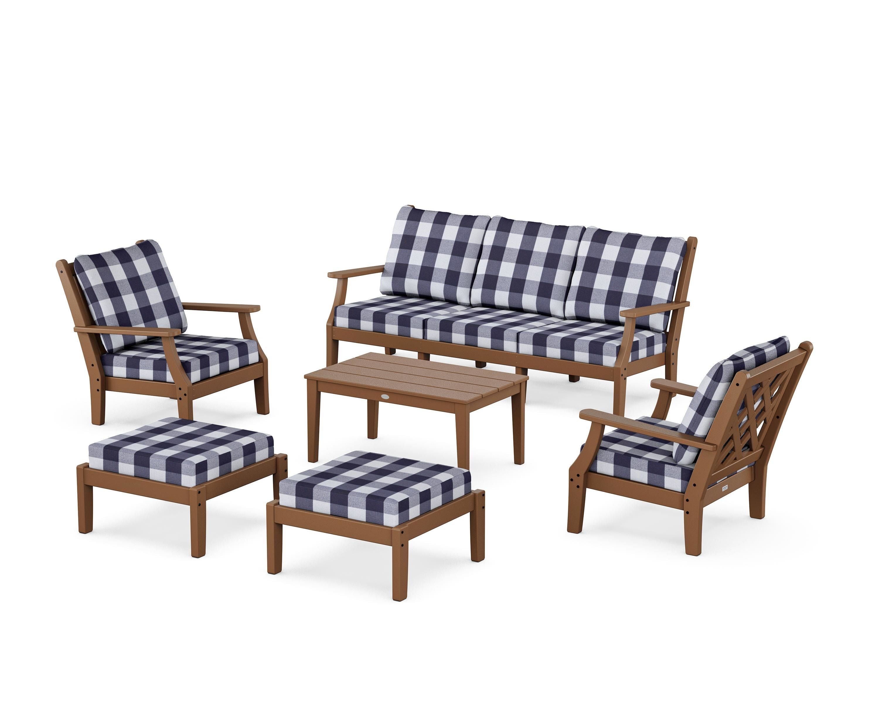 Country Living Wovendale 6-Piece Lounge Sofa Set in Teak / Buffalo Plaid Navy