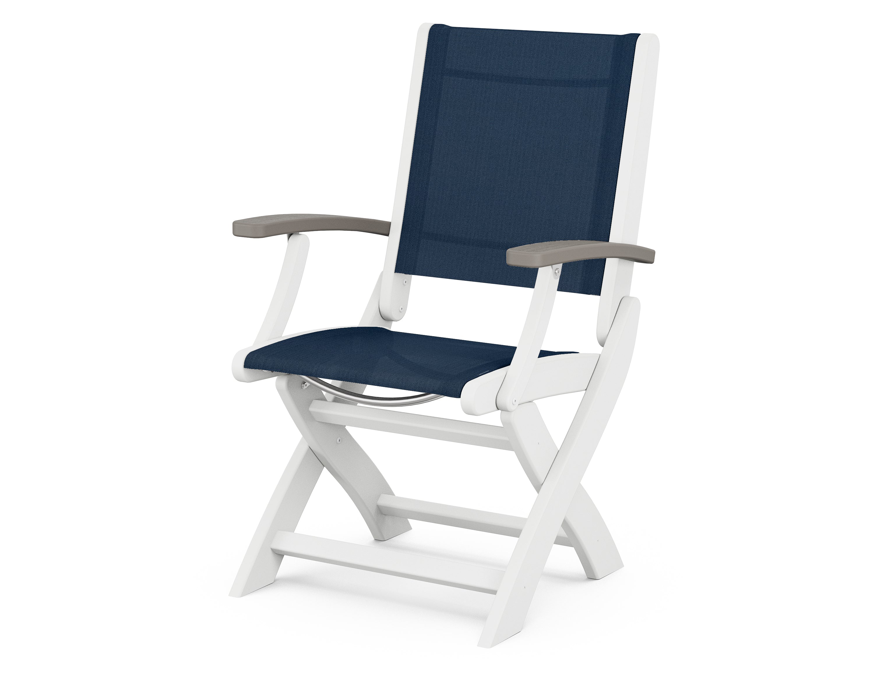 POLYWOOD® Coastal Folding Chair in White / Driftwood / Navy Blue Sling
