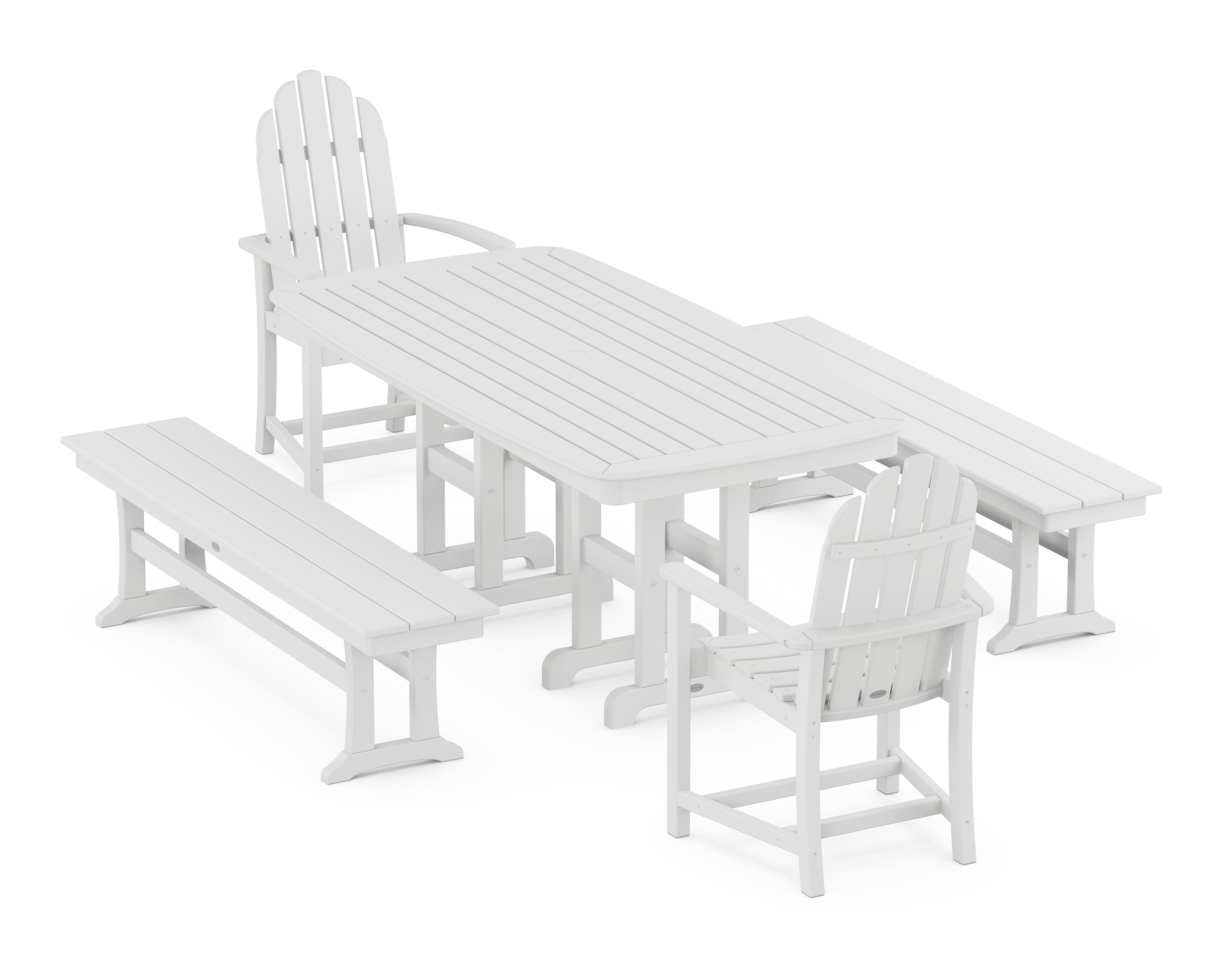 POLYWOOD® Classic Adirondack 5-Piece Dining Set with Benches in White