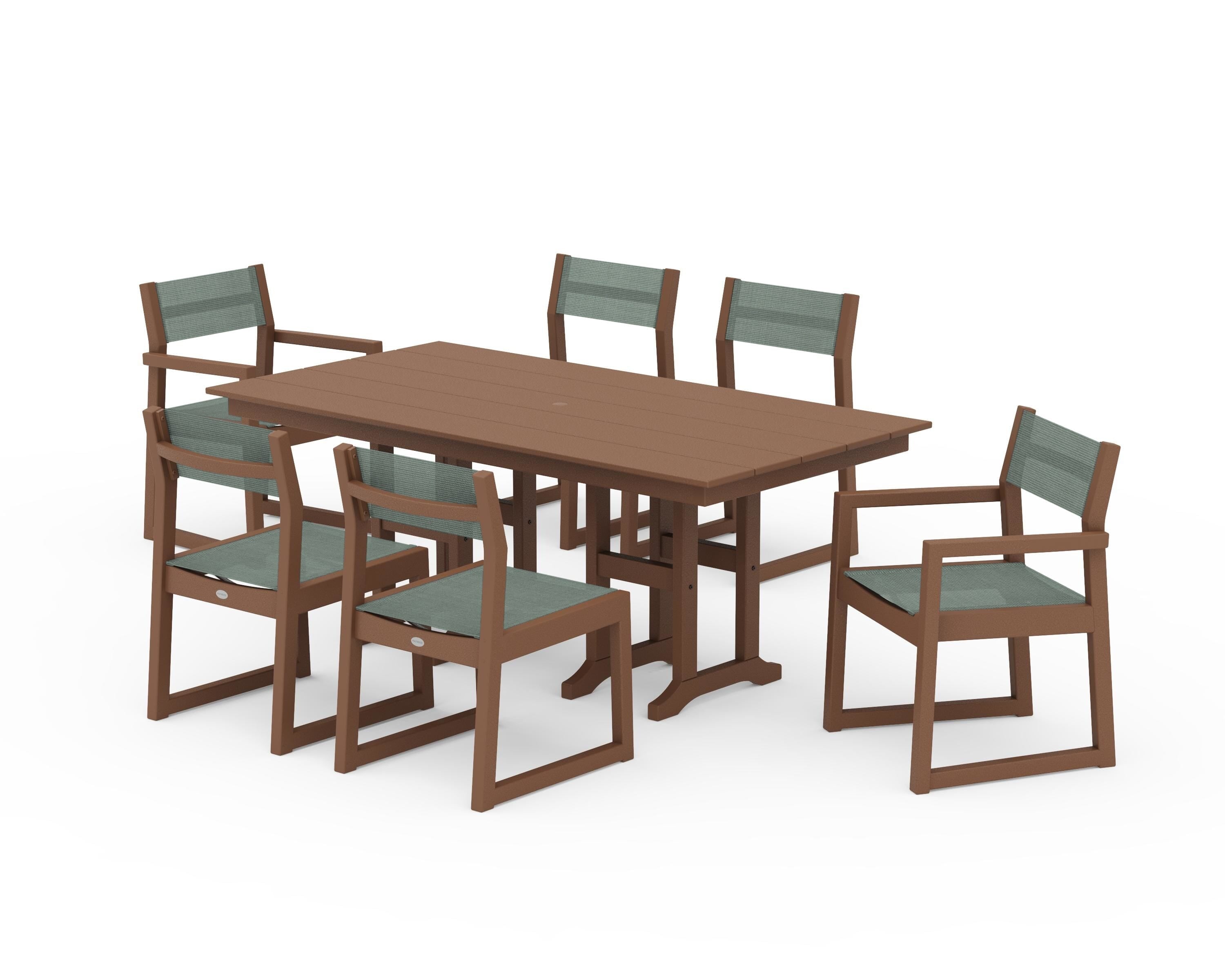 POLYWOOD® EDGE Sling 7-Piece Farmhouse Dining Set in Teak / Dupioni Sea Mist Sling