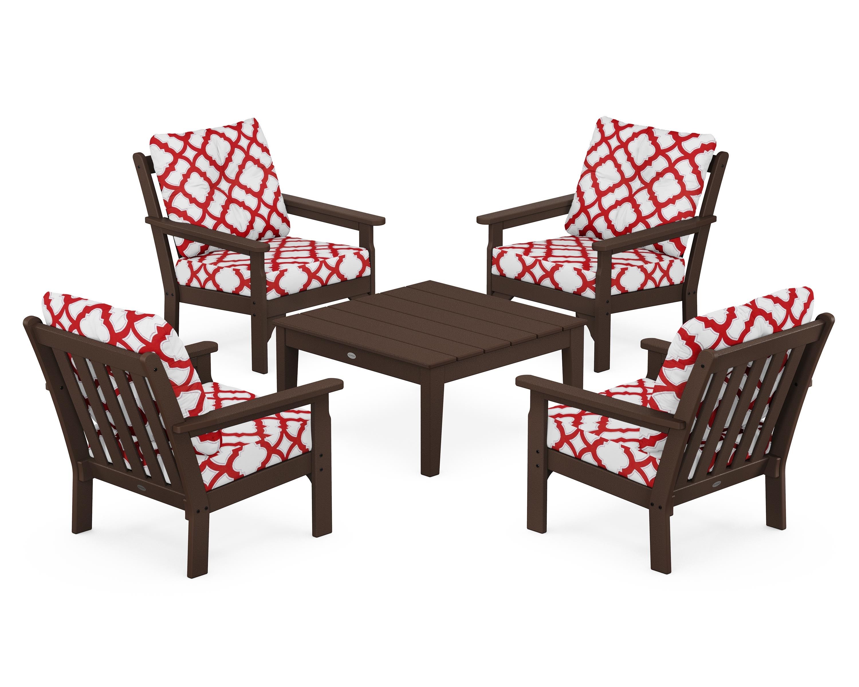 POLYWOOD® Vineyard 5-Piece Deep Seating Conversation Set in Mahogany / Trellis Crimson