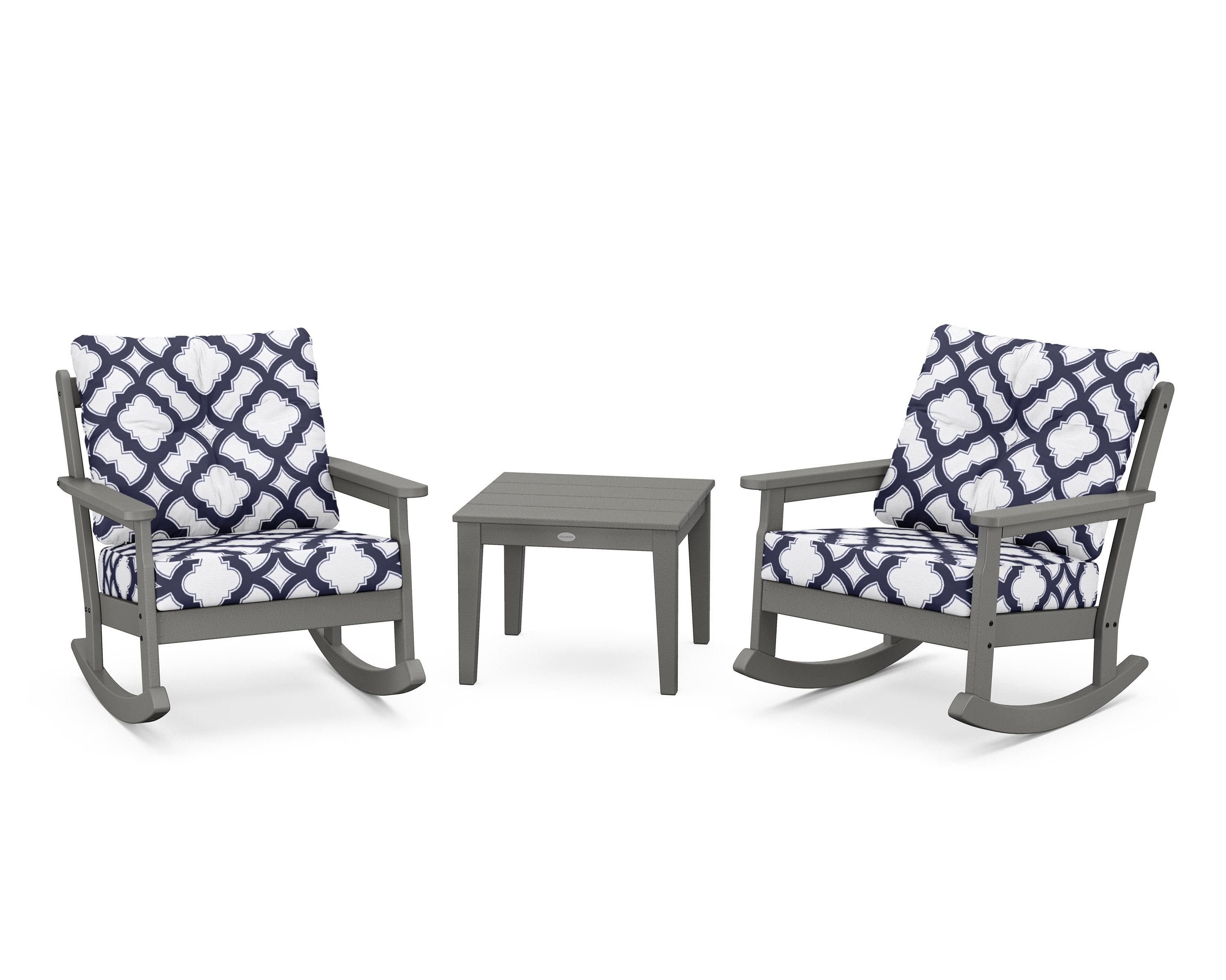 POLYWOOD® Vineyard 3-Piece Deep Seating Rocker Set in Slate Grey / Trellis Navy