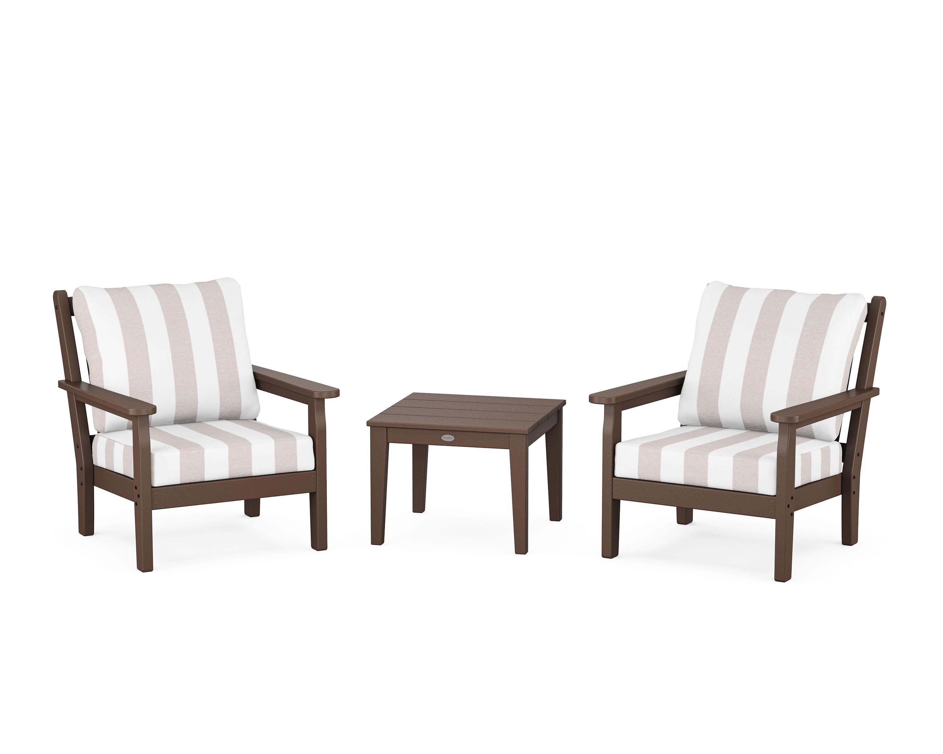 POLYWOOD® Chippendale 3-Piece Deep Seating Set in Mahogany / Cabana Stripe Dune Burlap