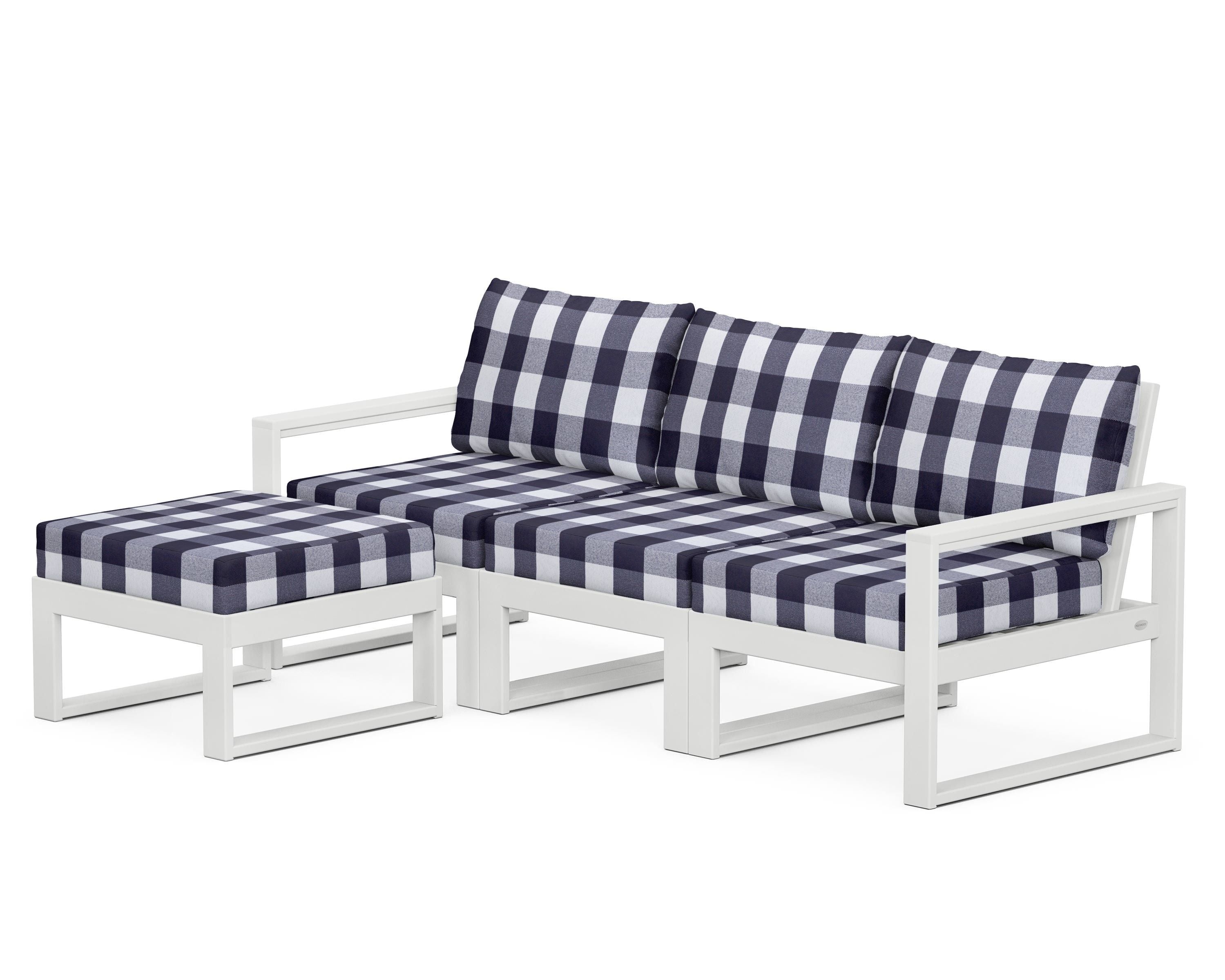 POLYWOOD® EDGE 4-Piece Modular Deep Seating Set with Ottoman in White / Buffalo Plaid Navy