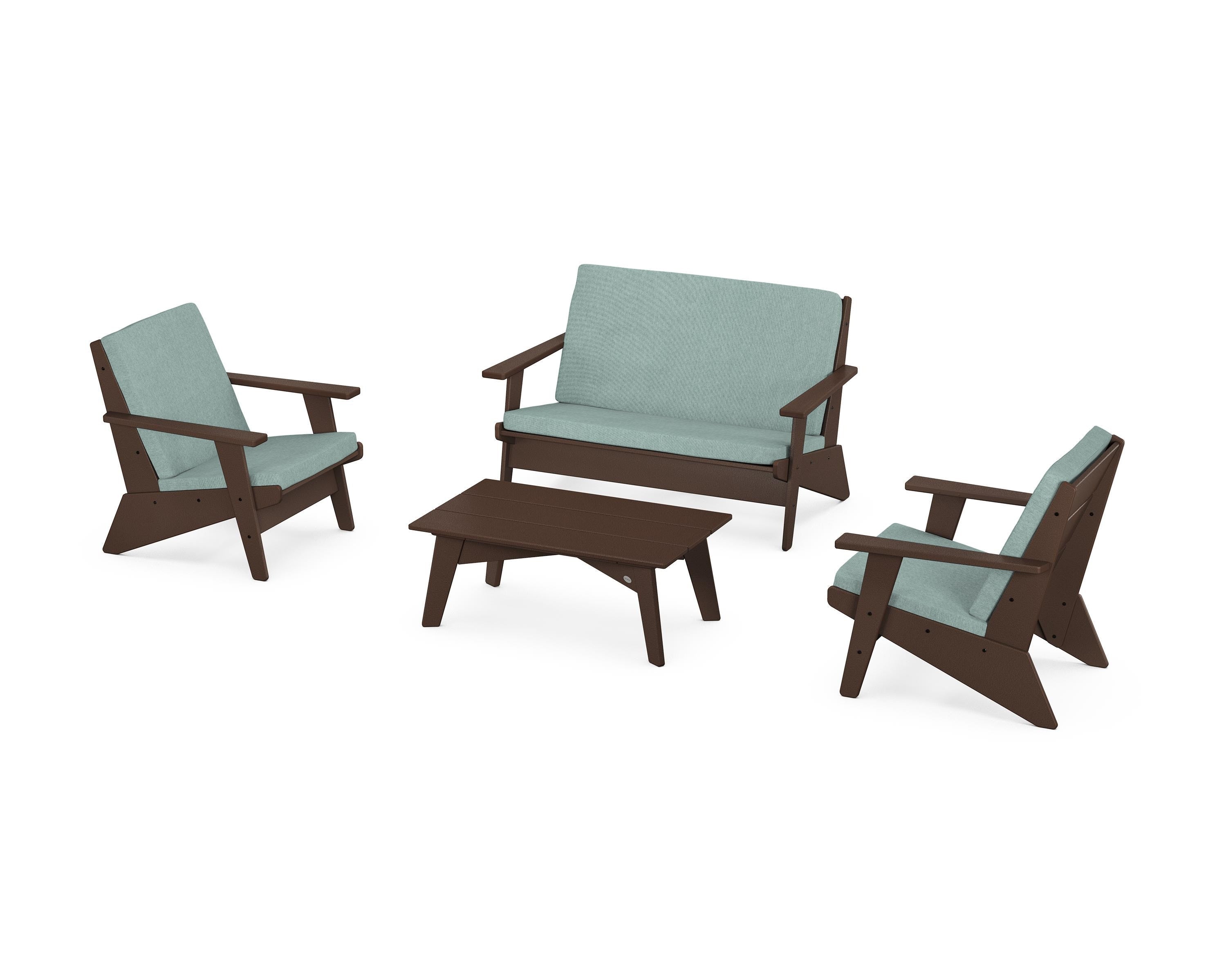POLYWOOD® Riviera Modern Lounge 4-Piece Set in Mahogany / Glacier Spa