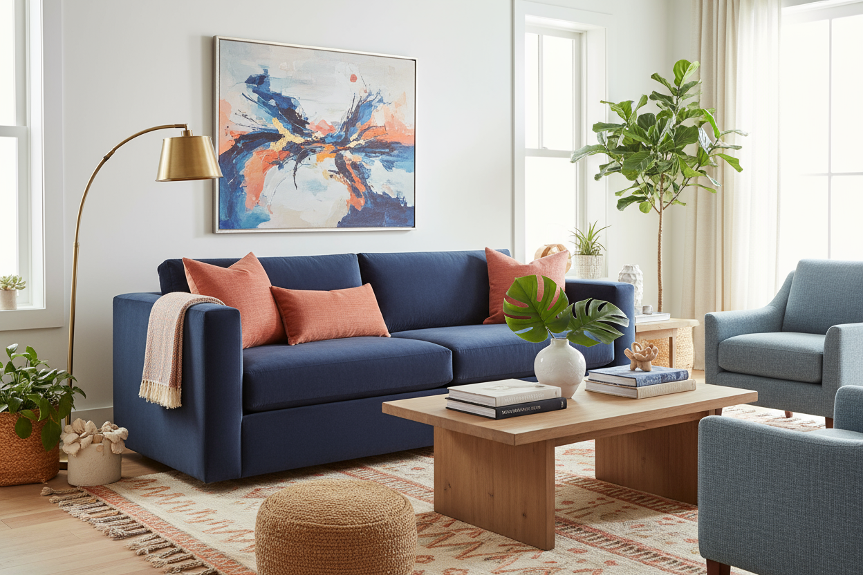 that's a great image but we need to make the sofa look more realistic. The bigget thing is that it looks too AI and the fabric isn't a clear velvet with a sheen. PLease reference other velvet sofa images you may normally see online. This image should also have a few more accessories and a lot more color around the room- at current, it's way too corporate and boring looking. It should look a little more designy