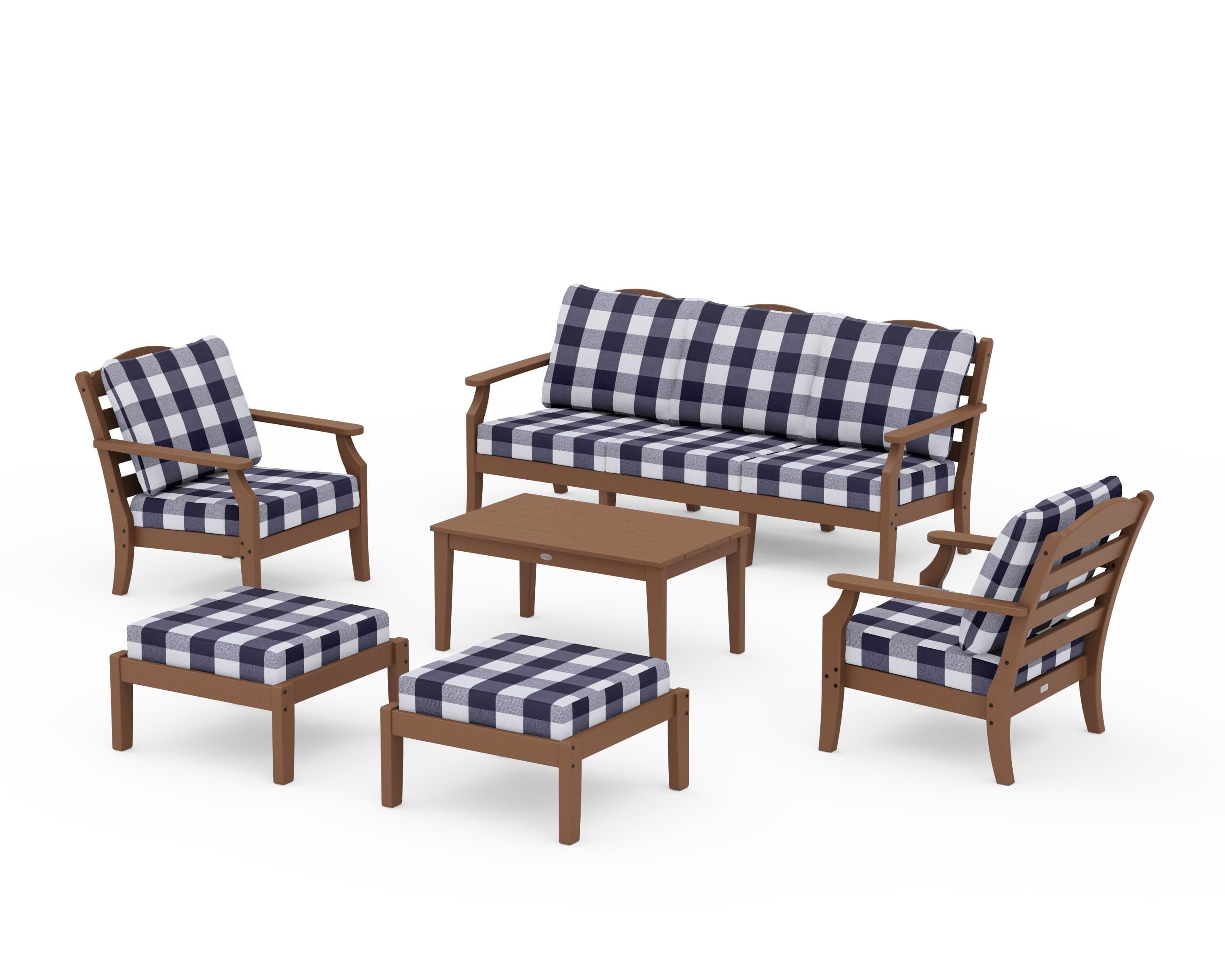 Draper James™ by POLYWOOD® Savannah 6-Piece Lounge Sofa Set in Teak / Buffalo Plaid Navy