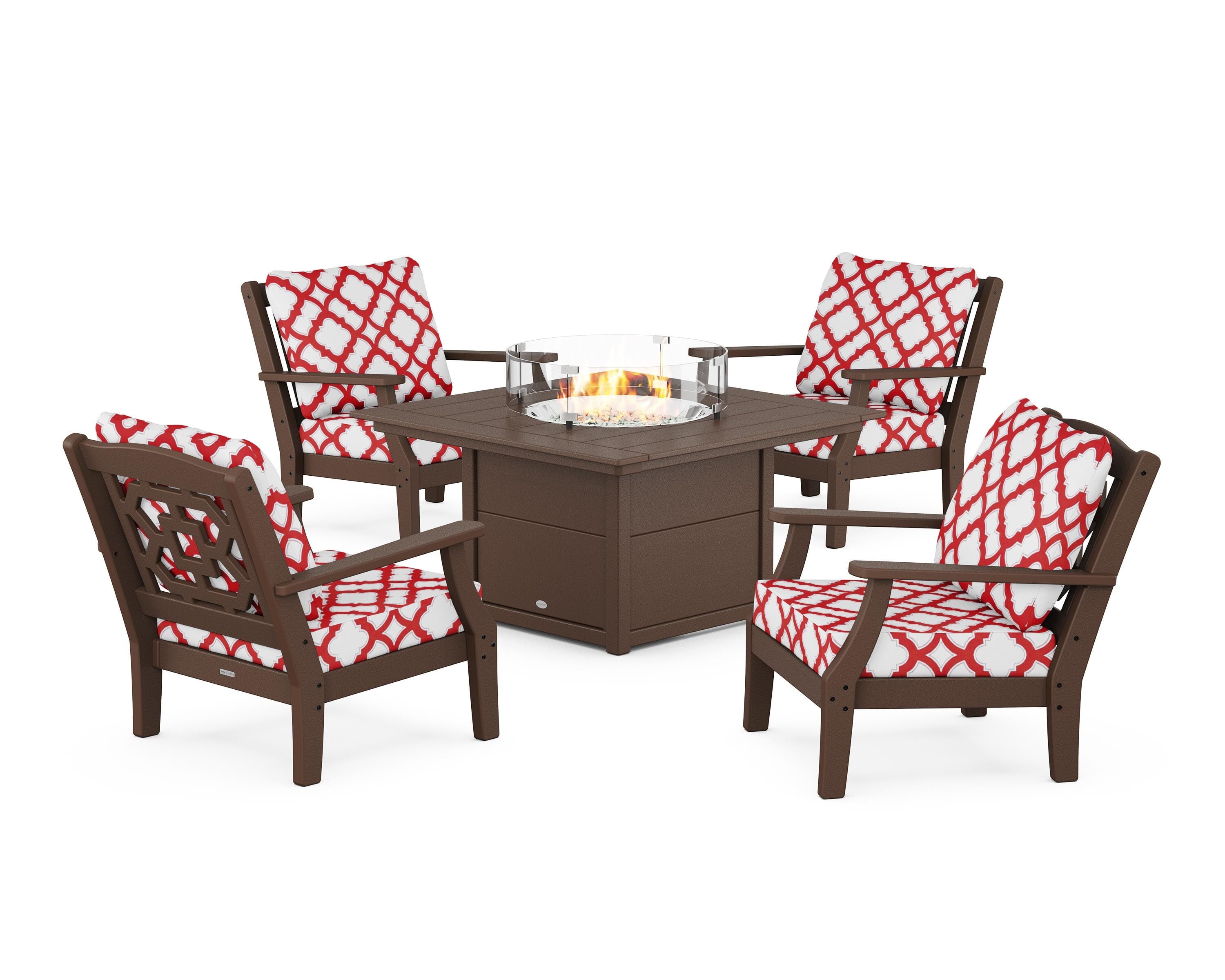 Martha Stewart by POLYWOOD® Chinoiserie 5-Piece Deep Seating Set with Fire Pit Table in Mahogany / Trellis Crimson