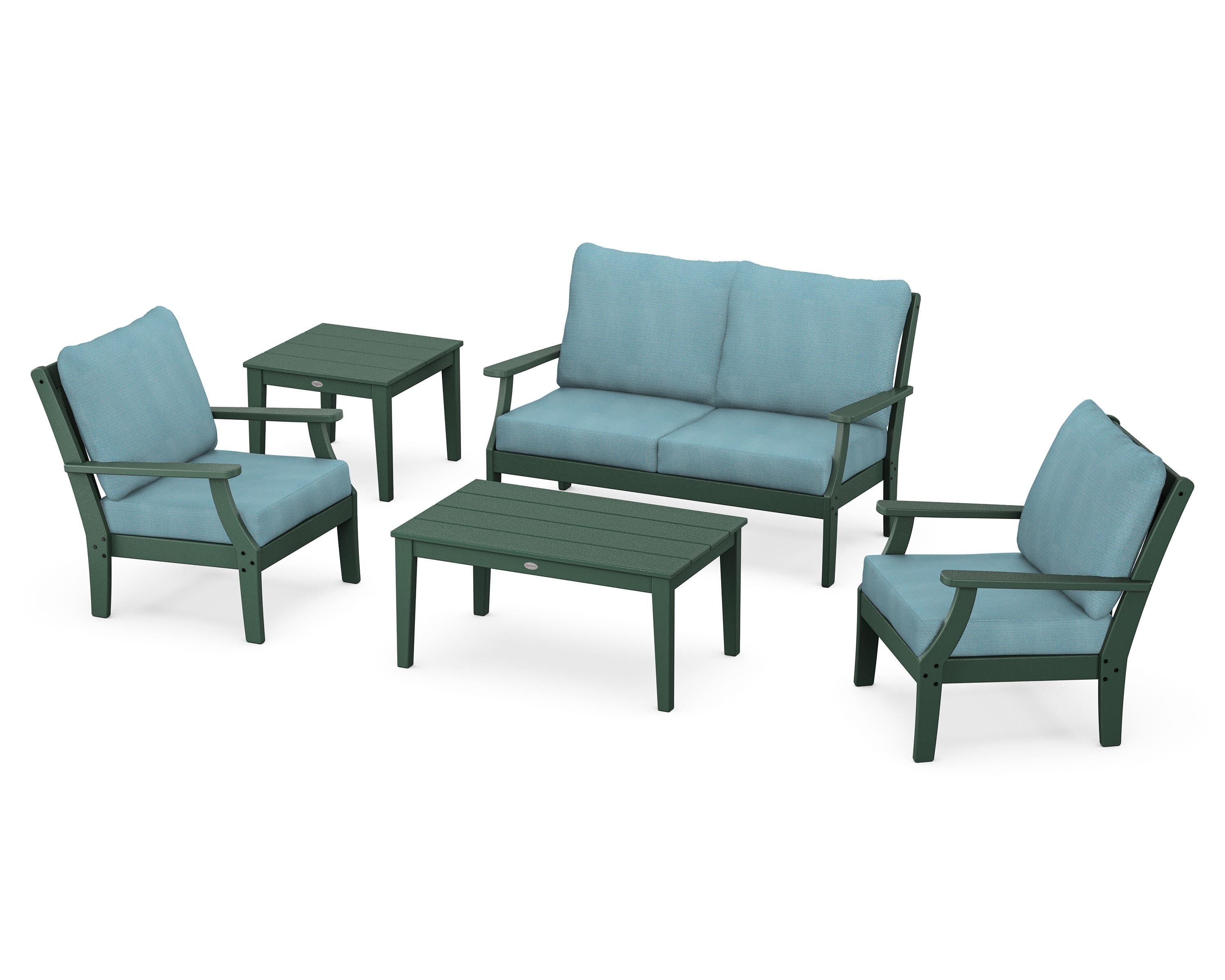 POLYWOOD® Braxton 5-Piece Deep Seating Set in Green / Lattice Sky Blue