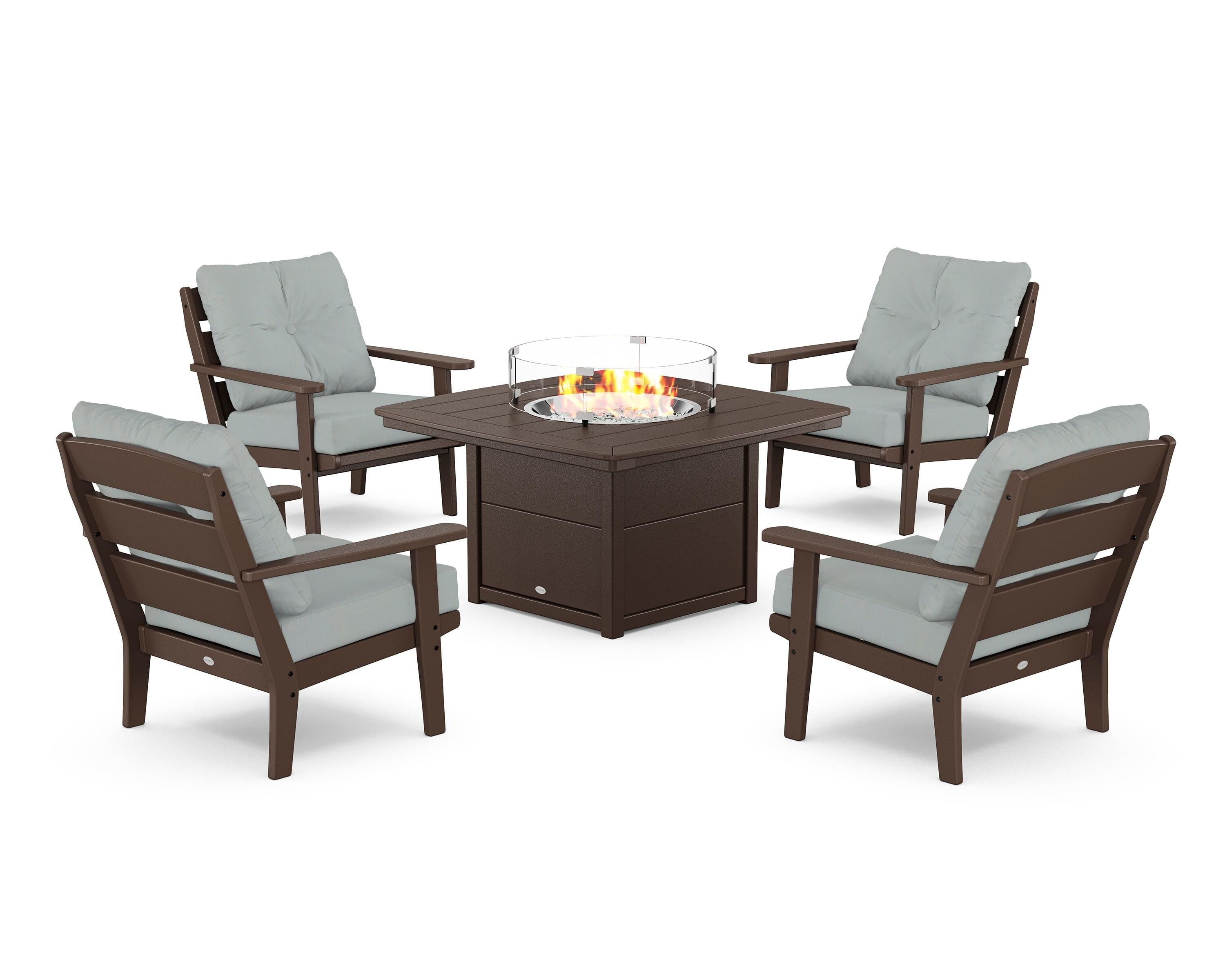 POLYWOOD® Lakeside 5-Piece Deep Seating Set with Nautical Fire Pit Table in Mahogany / Spa