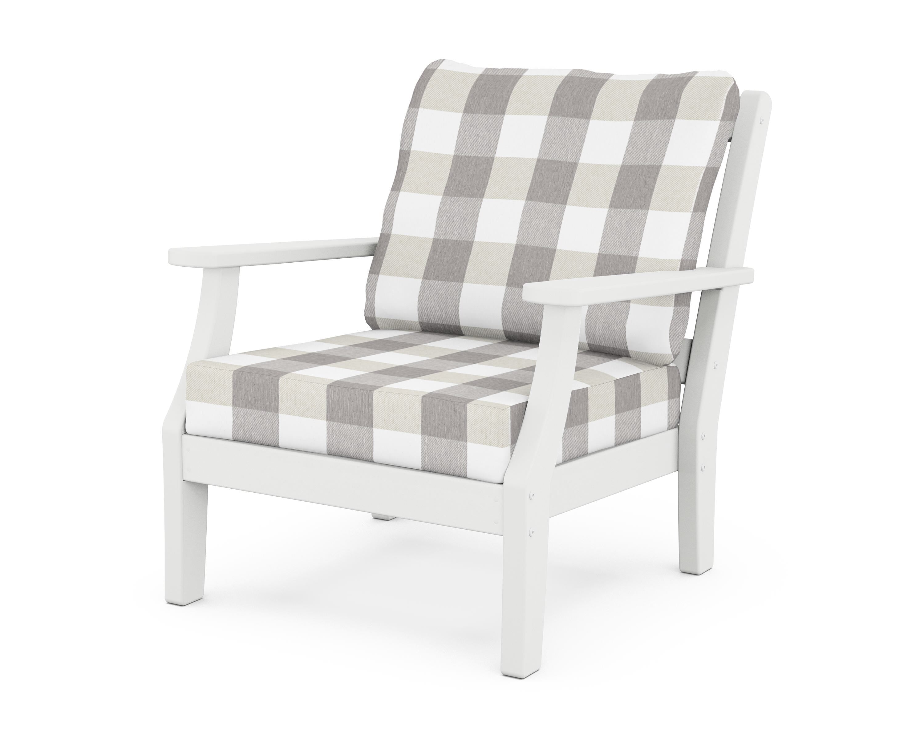 Martha Stewart by POLYWOOD® Chinoiserie Deep Seating Chair in White / Buffalo Plaid Grey Mist