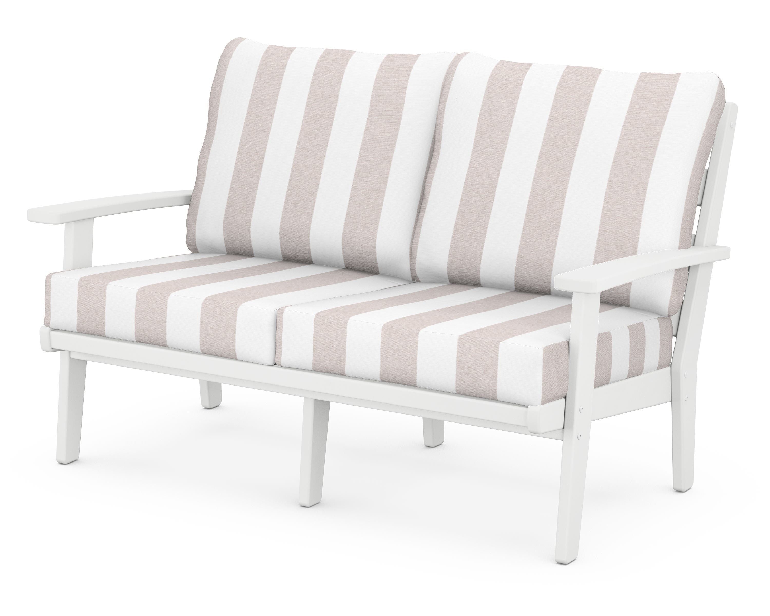 POLYWOOD® Grant Park Deep Seating Loveseat in White / Cabana Stripe Dune Burlap