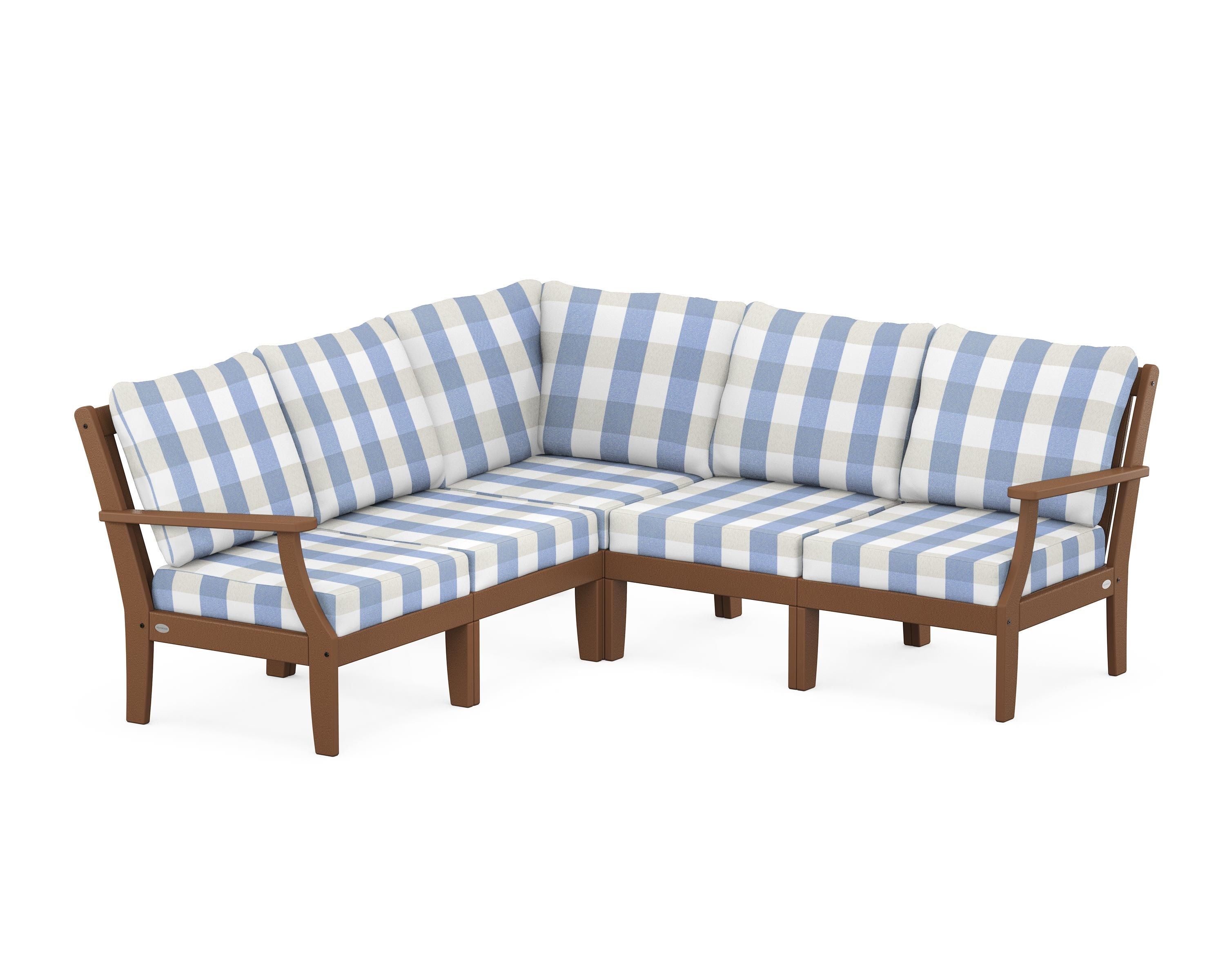 POLYWOOD® Braxton Modular 5-Piece Deep Seating Set in Teak / Buffalo Plaid Sky Blue