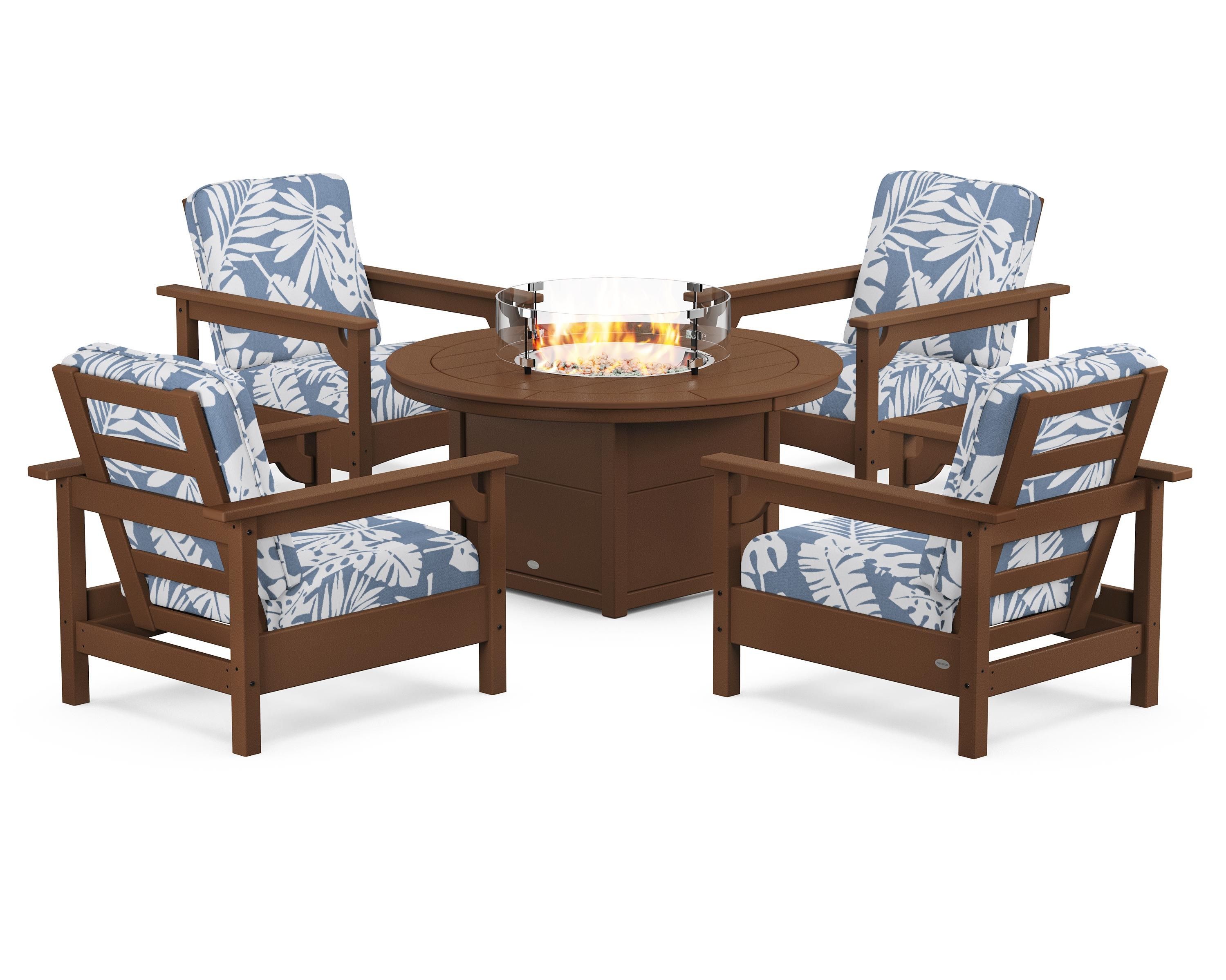 POLYWOOD® Club 5-Piece Conversation Set with Fire Pit Table in Teak / Leaf Sky Blue
