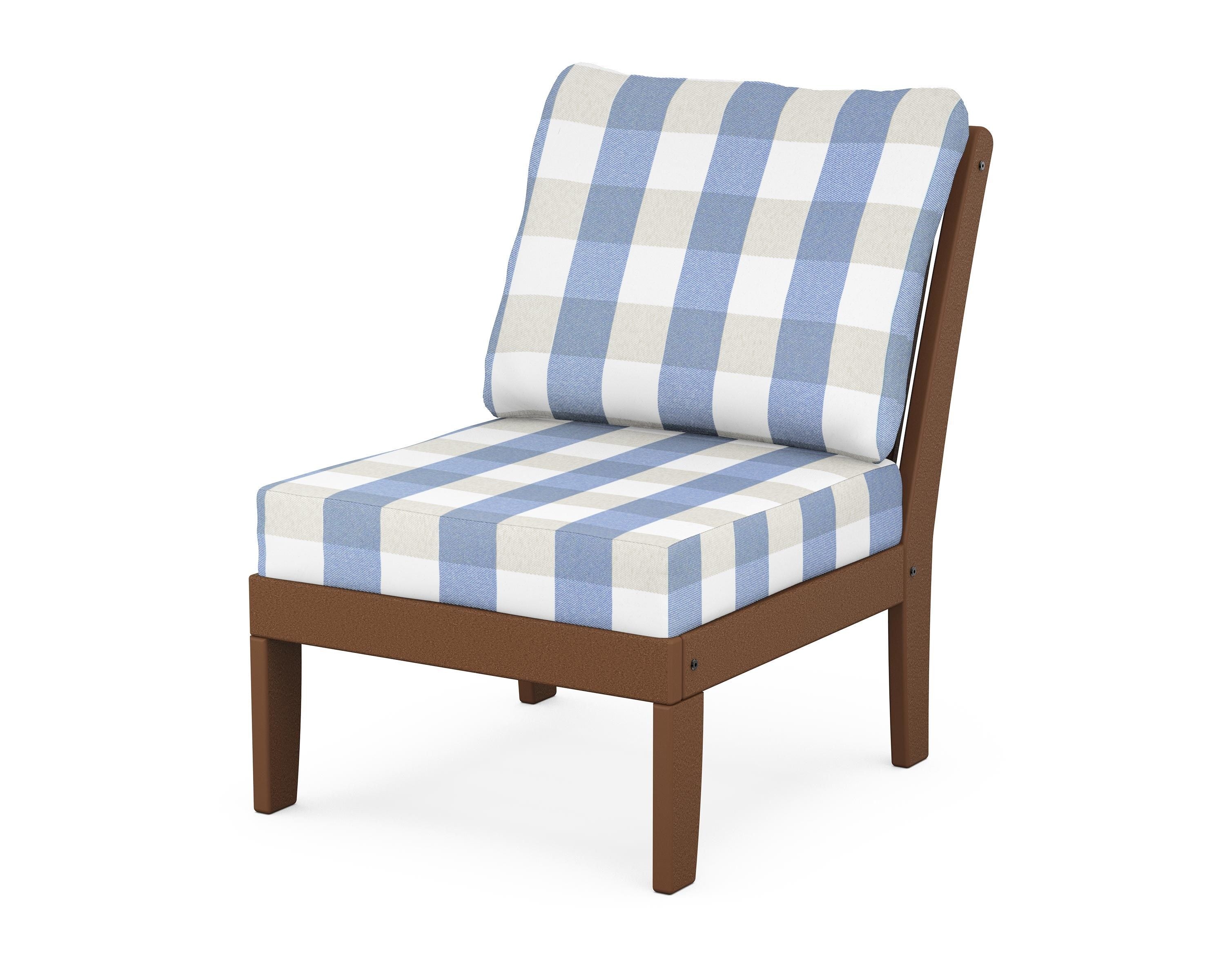 POLYWOOD® Braxton Modular Armless Chair in Teak / Buffalo Plaid Sky Blue