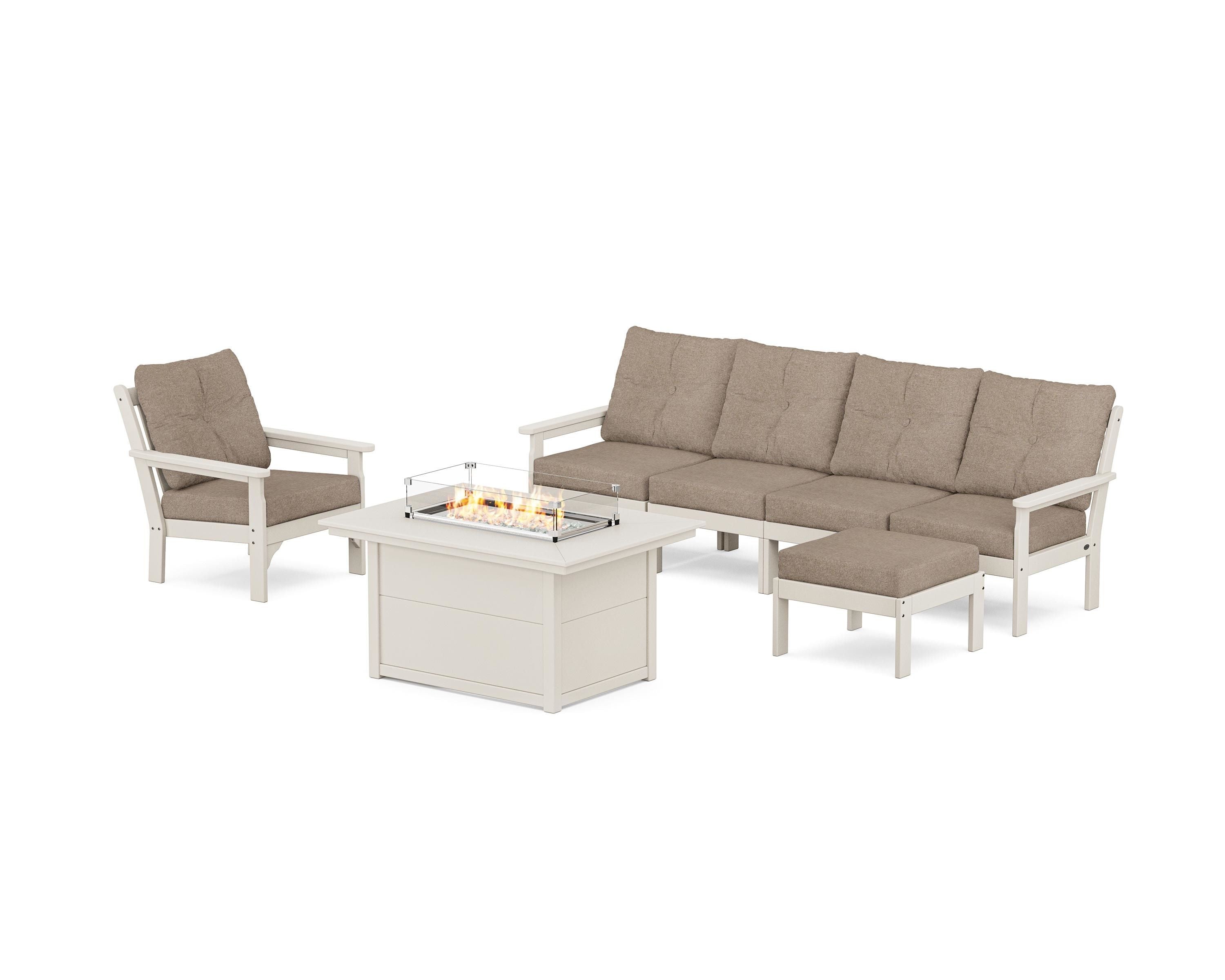 POLYWOOD® Vineyard Sectional Lounge and Fire Pit Set in Sand / Spiced Burlap