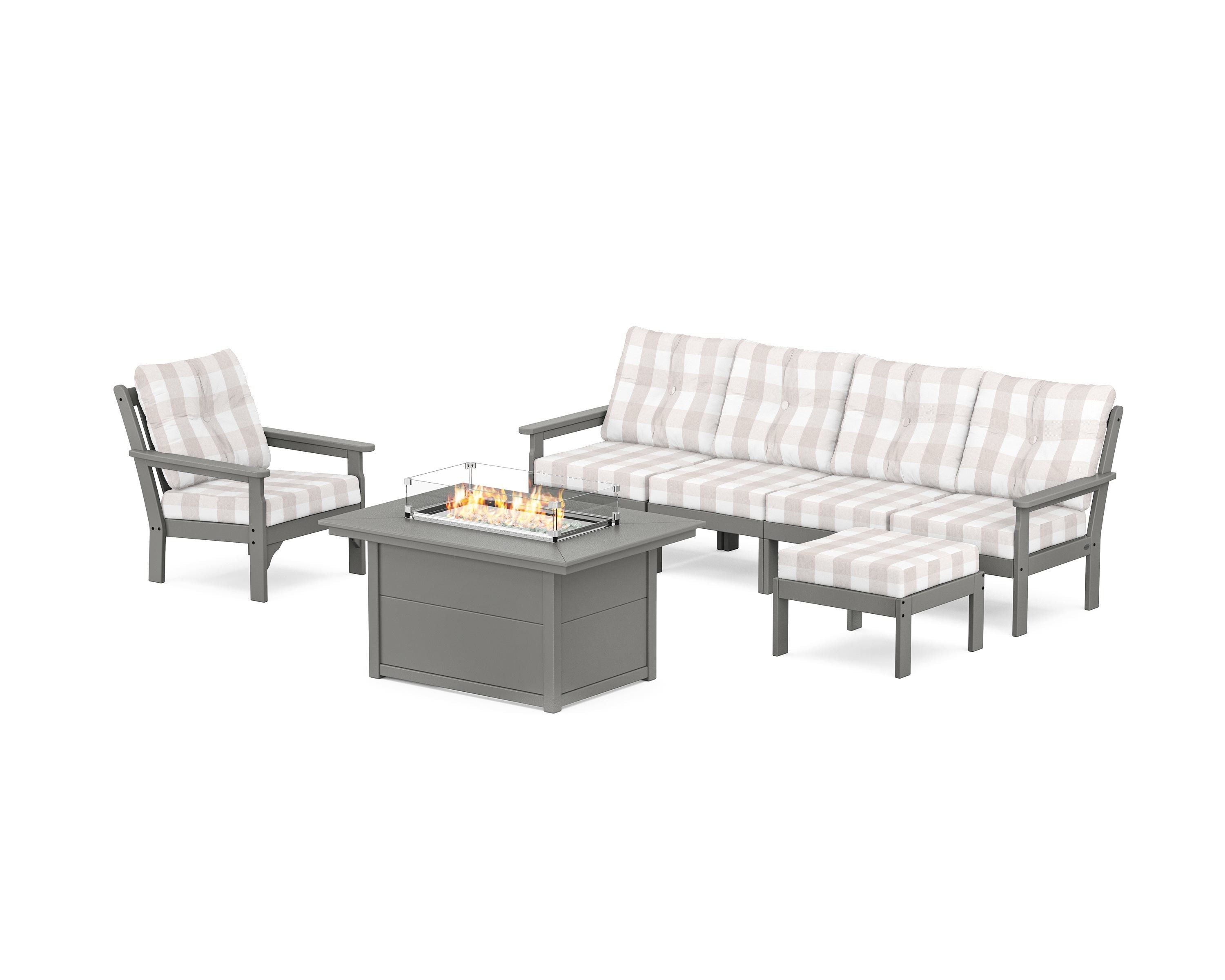 POLYWOOD® Vineyard Sectional Lounge and Fire Pit Set in Slate Grey / Buffalo Plaid Dune Burlap