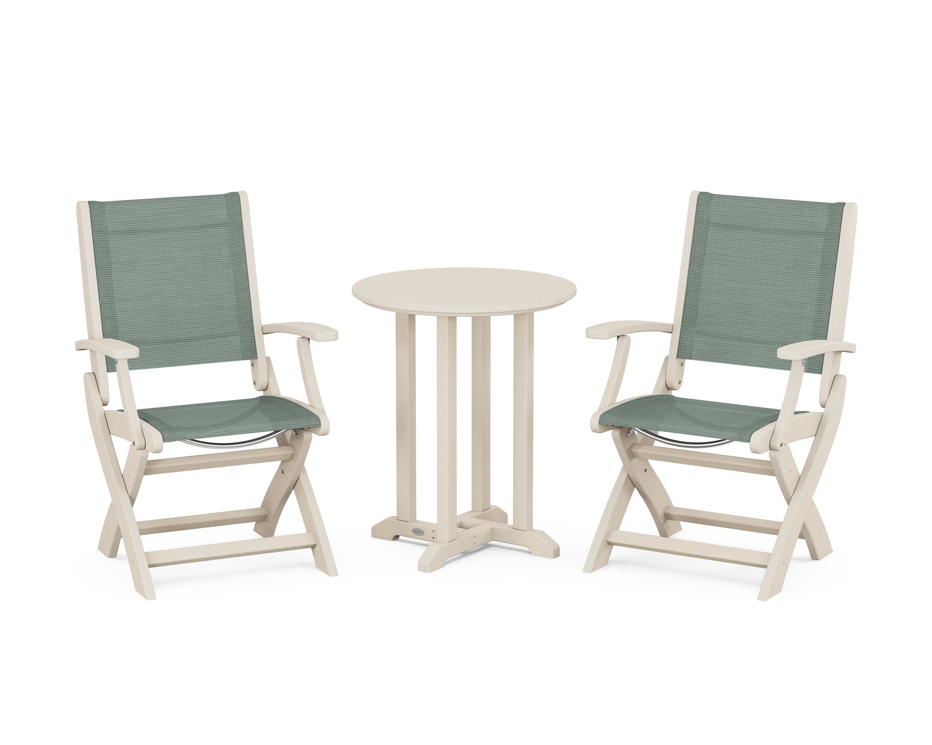 POLYWOOD® Coastal Folding 3-Piece Round Bistro Dining Set in Sand / Dupioni Sea Mist Sling