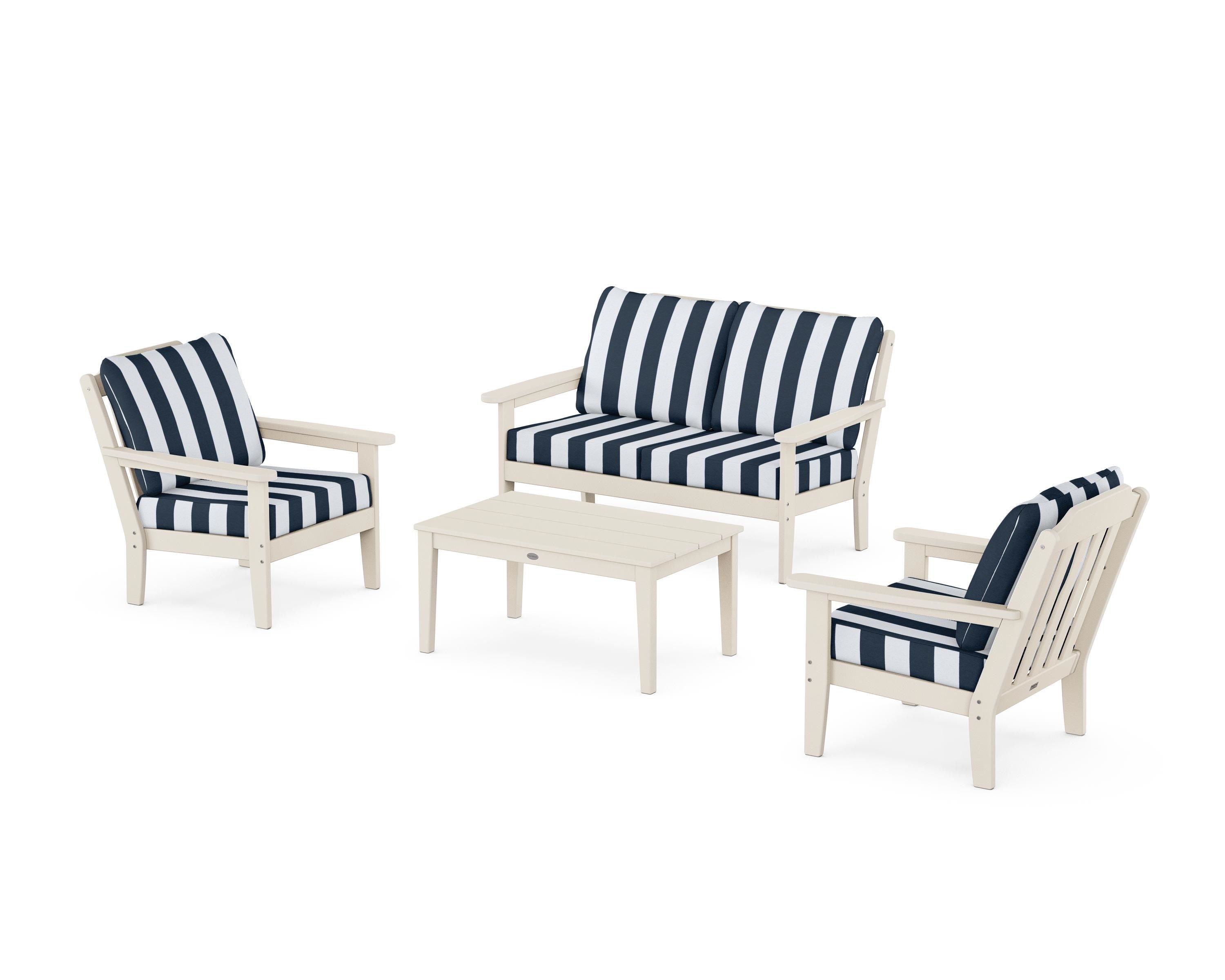 Country Living Cottage 4-Piece Deep Seating Set with Loveseat in Sand / Cabana Stripe Marine Indigo